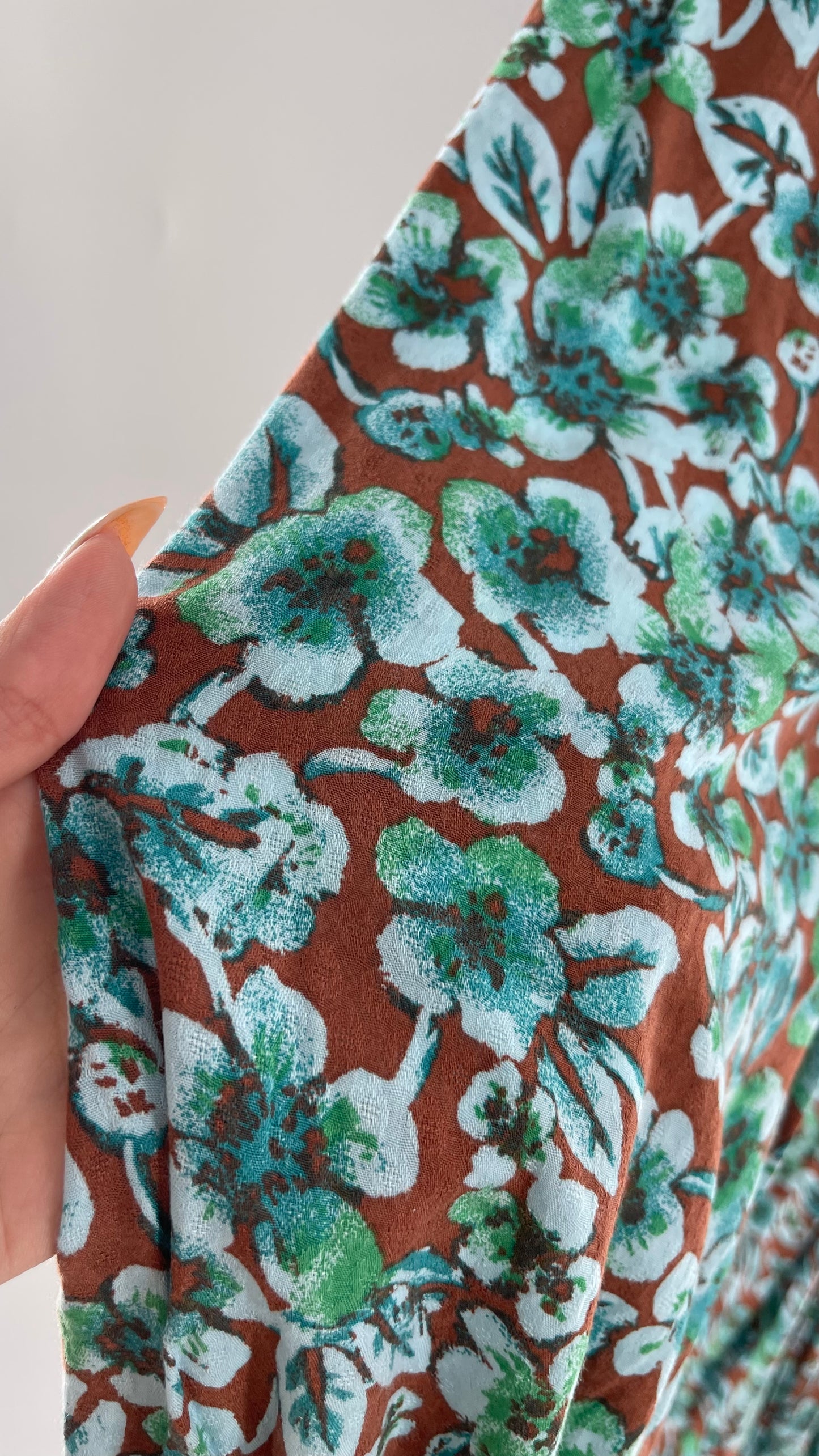 Free People Brown Cut Out Milkmaid Mini with Blue Florals (Medium)