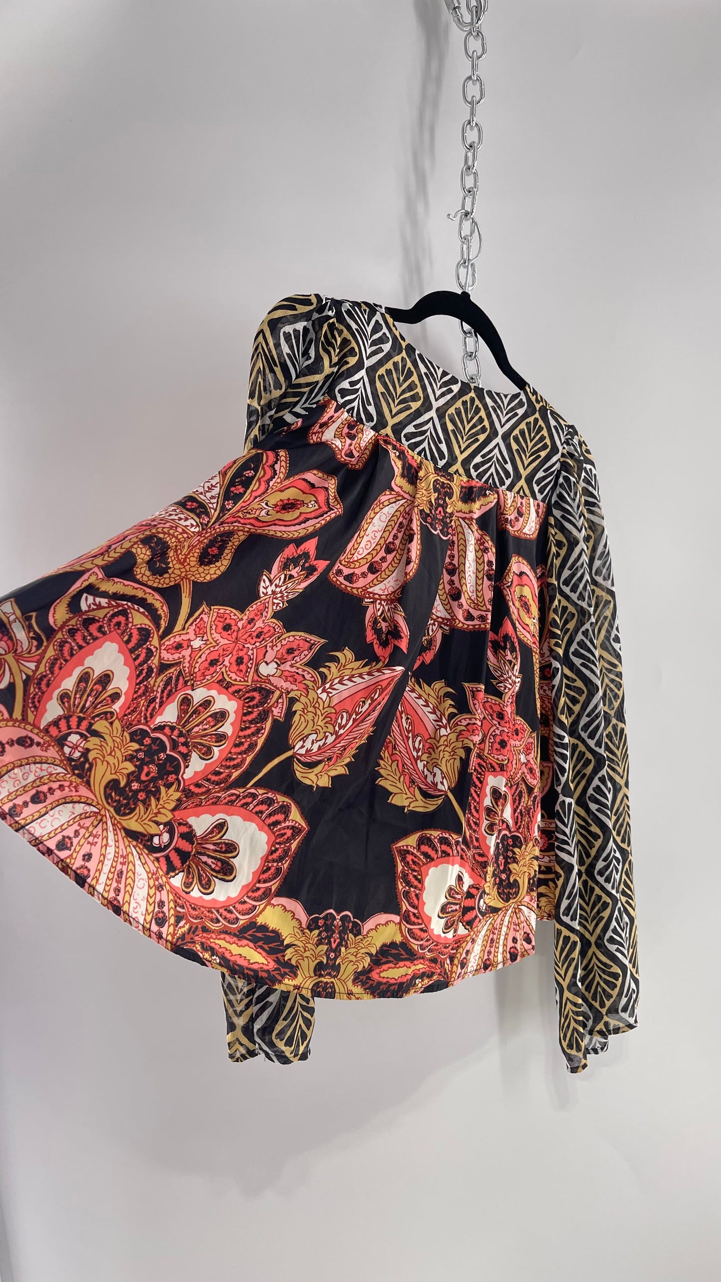 Free People Paisley Bodice Blouse with Sheer Contrast Sleeves, Draping Neckline and Tags Attached (Small)