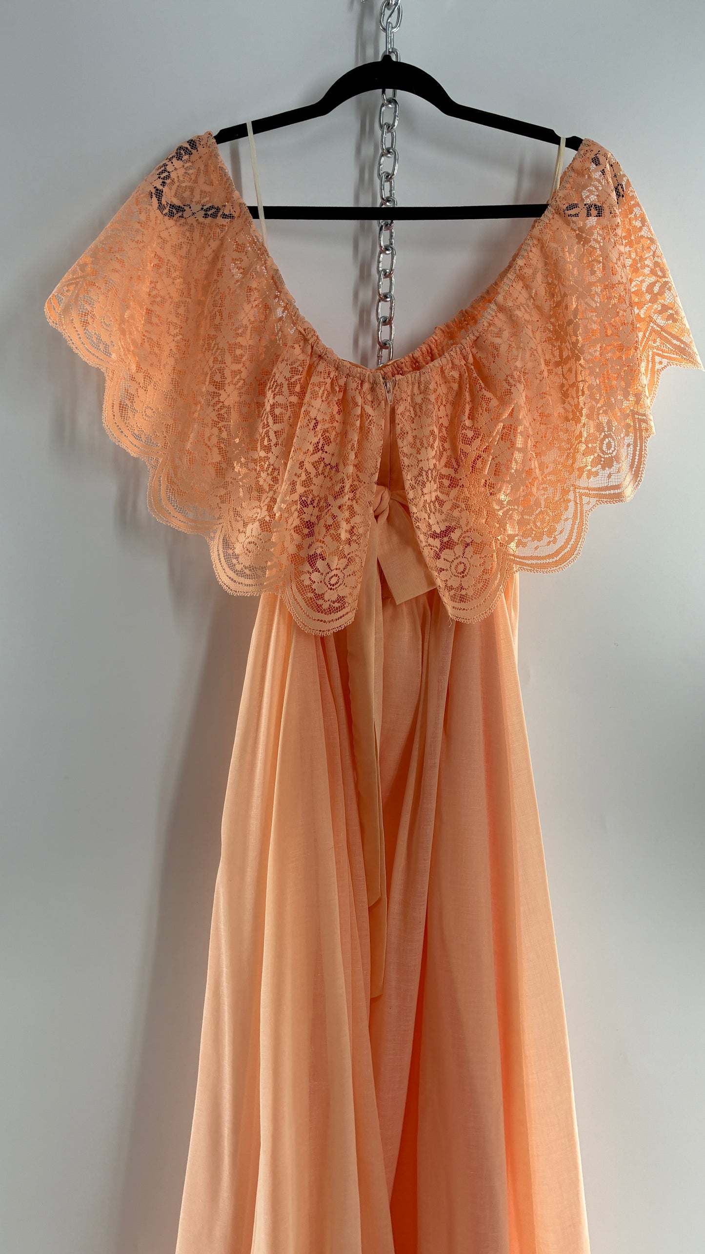 Vintage 1960s Ruffled Off the Shoulder Peach Full Length Voluminous Gown with Tie Back (9/10)