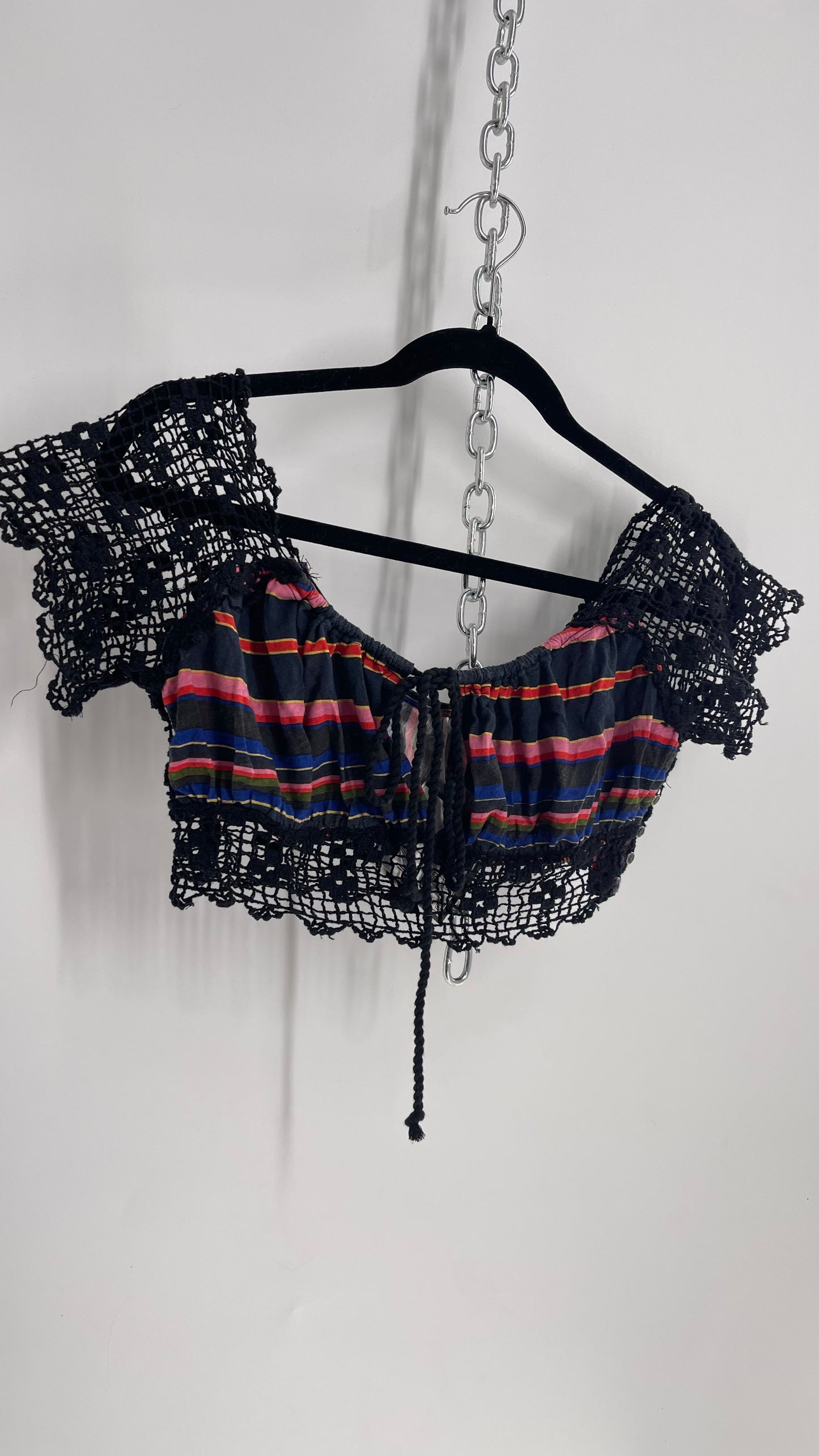 Free People Black Crochet Sleeve and Waistline Striped Bustier (XS)
