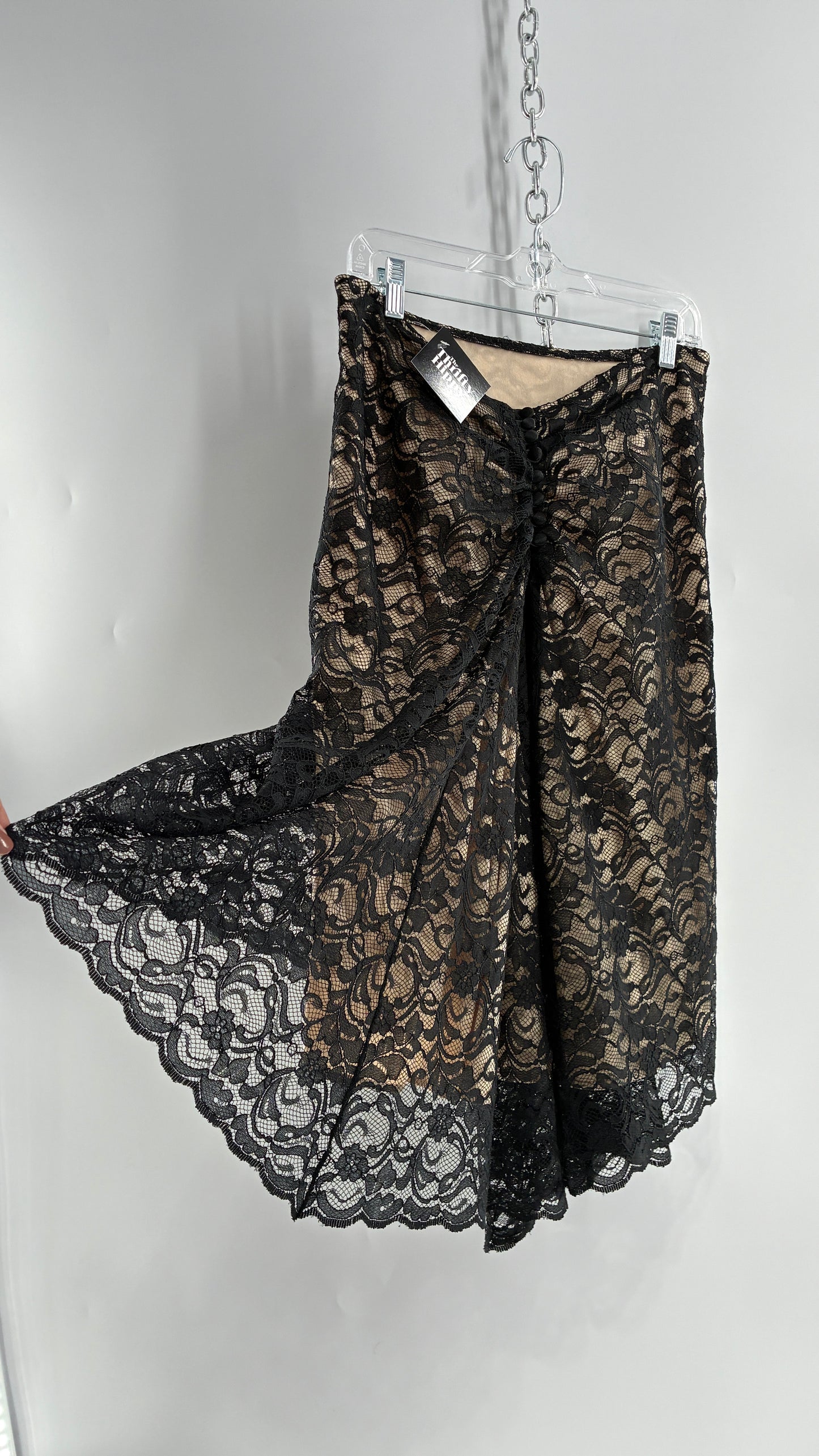 Vintage HEART MOON STARS Black Lace Overlay + Nude Underlay Skirt with Low Wired Back, Ruched Bum, and Button Down Back(8)