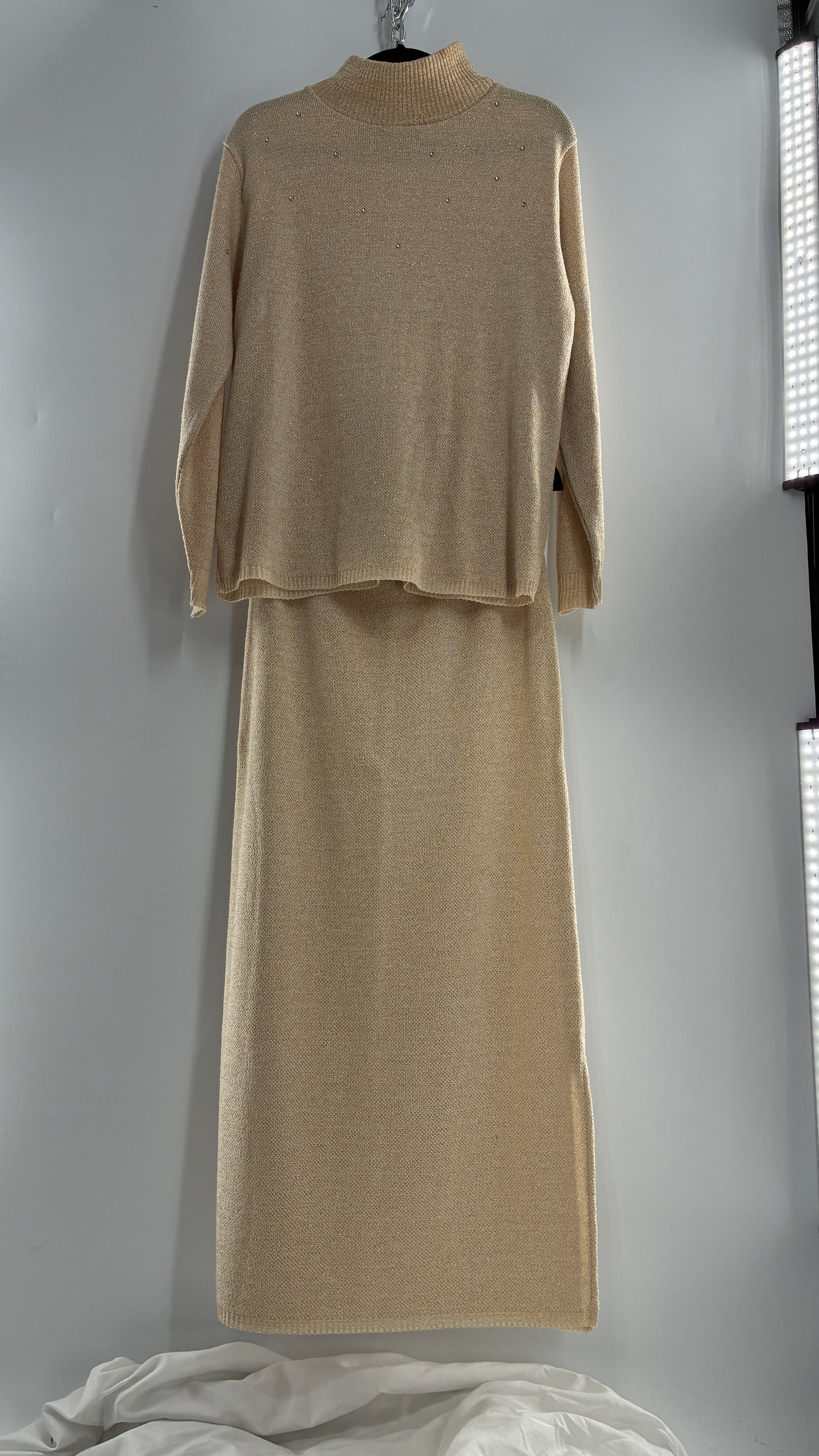 Terry Lewis Classic Luxeries Beige Knit Sweater and Skirt with Gold Tinsel Thread and Rhinestone Collar (Large)