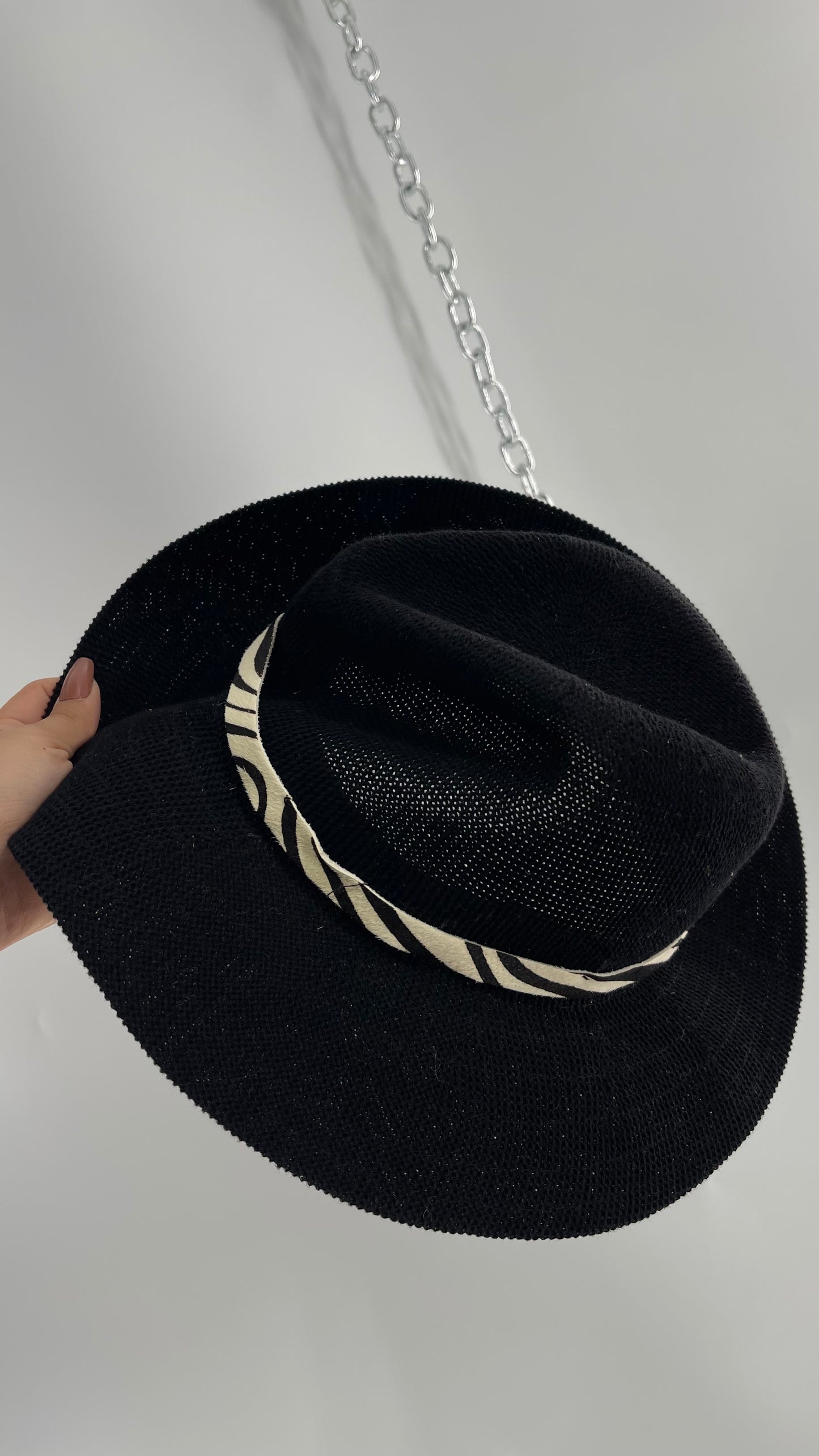 Free People Black 55% Cotton Woven Sun Hat with Textured Fur Belt