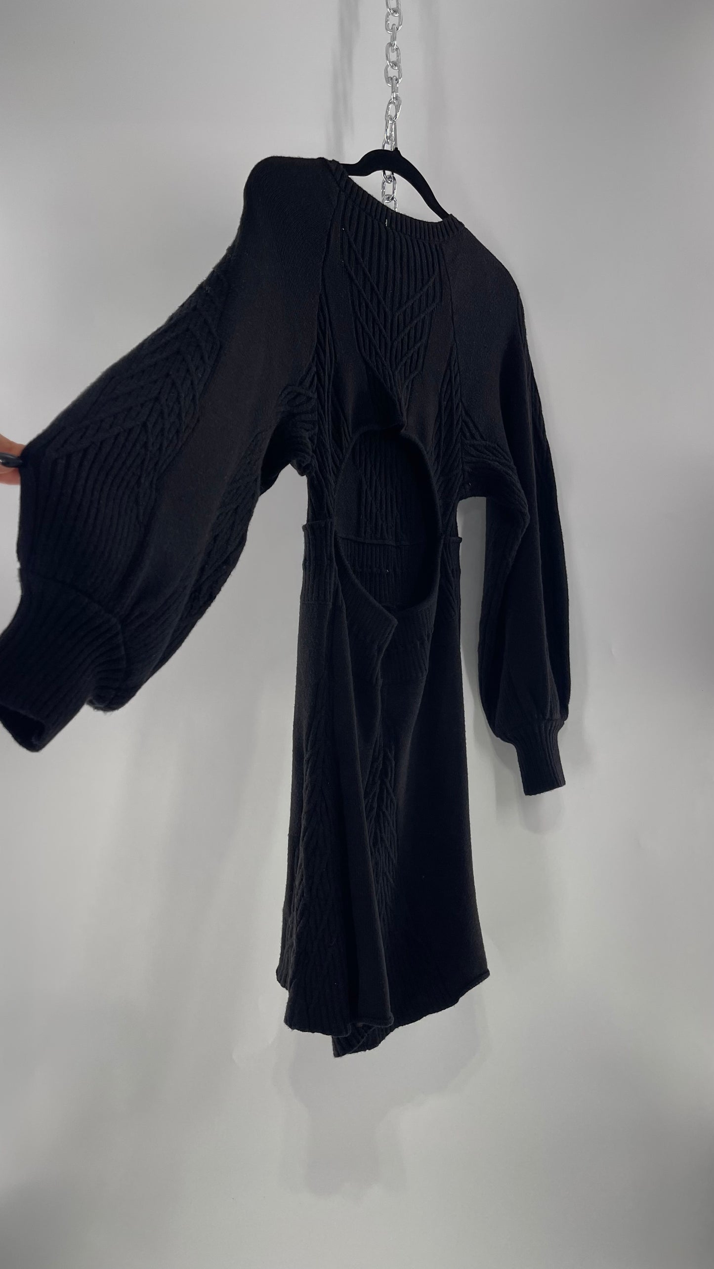 Free People Emmaline Black Heavy Knit Cableknit Bust with Tie Waist and Oval Back Cut Out Mini Dress(Small)