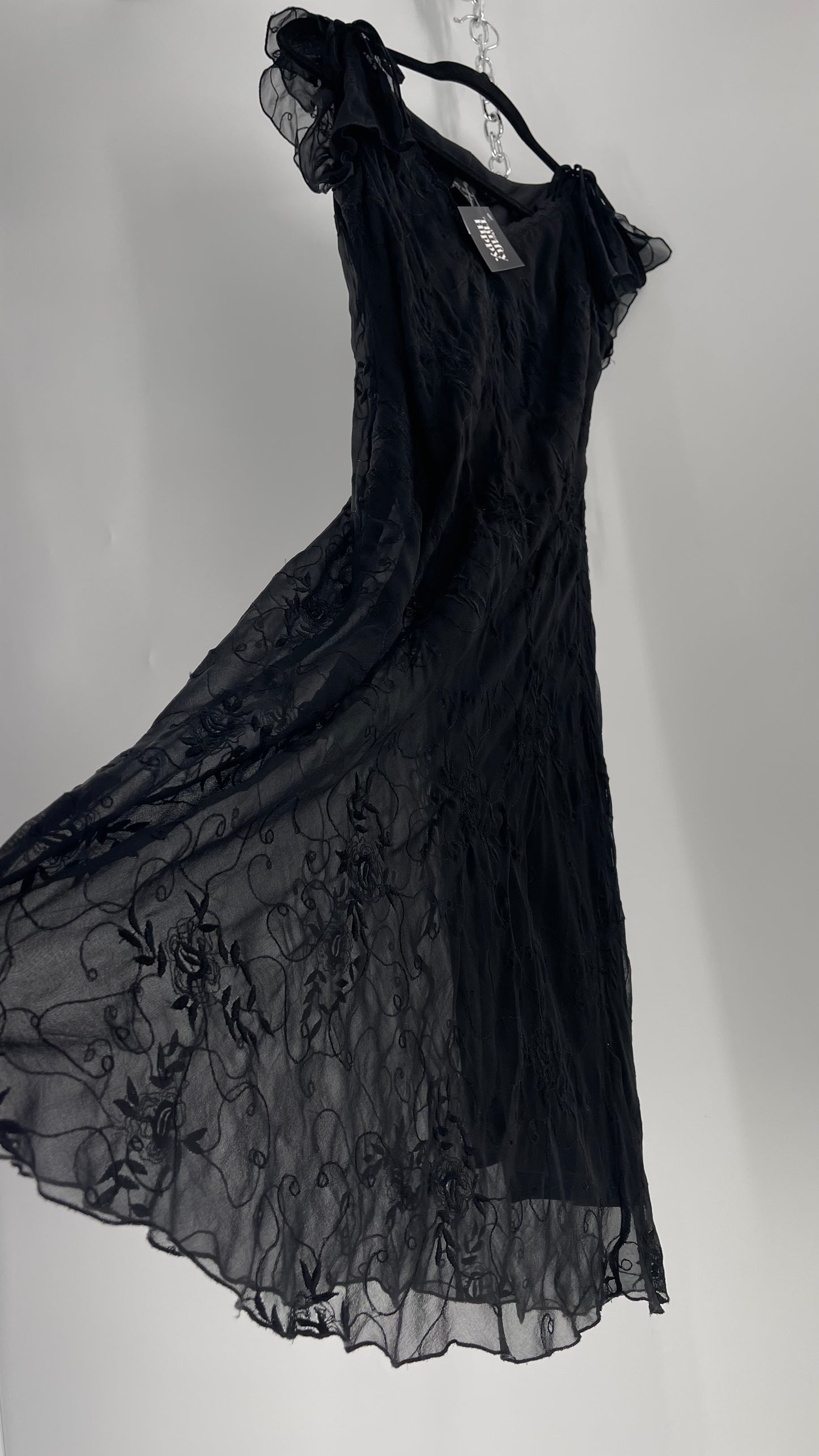 Vintage Jonathan Martin 100% Silk Black Embroidered MIDI Dress with Tie Shoulder Detail (10)