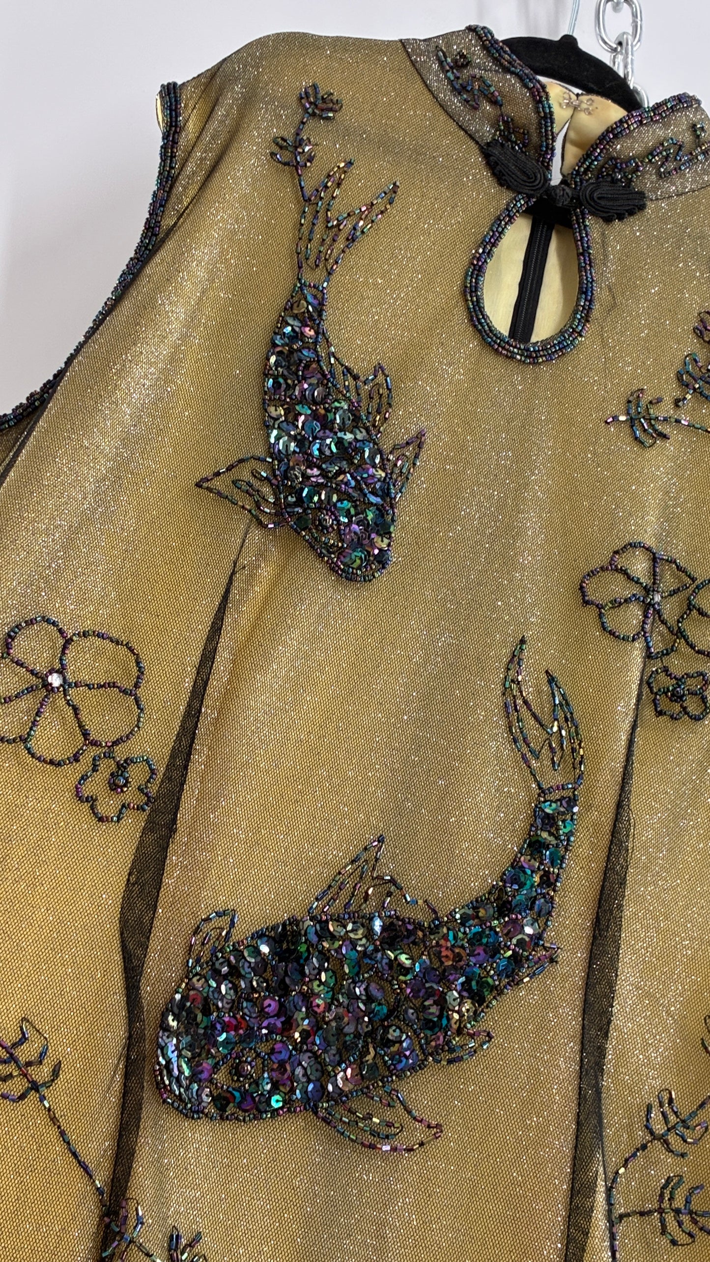 Vintage 1990s One of a Kind Handmade, Green Gown with Beaded Koi Fish, Metallic Tulle Overlay, and Symmetric Back (Medium)