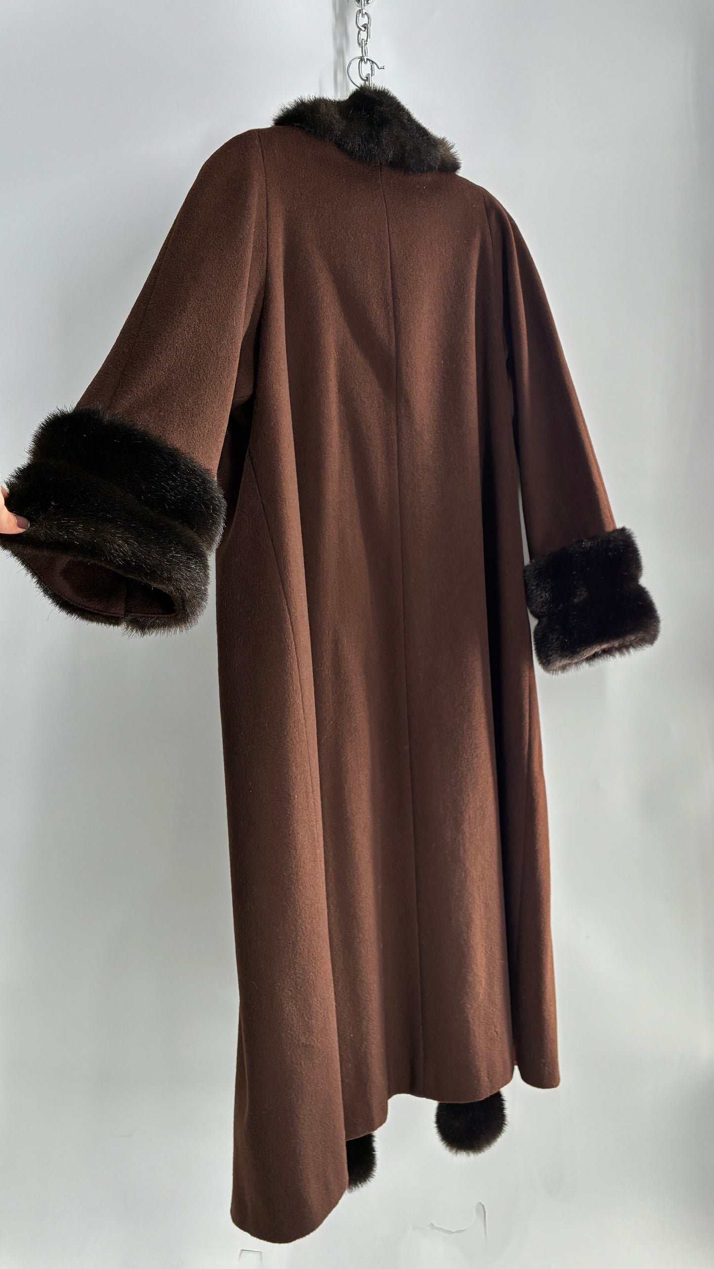 Vintage ALORNA Brown 75% Wool Duster, Full Length Coat with Vegan Fur Pom Pom Trim (12)