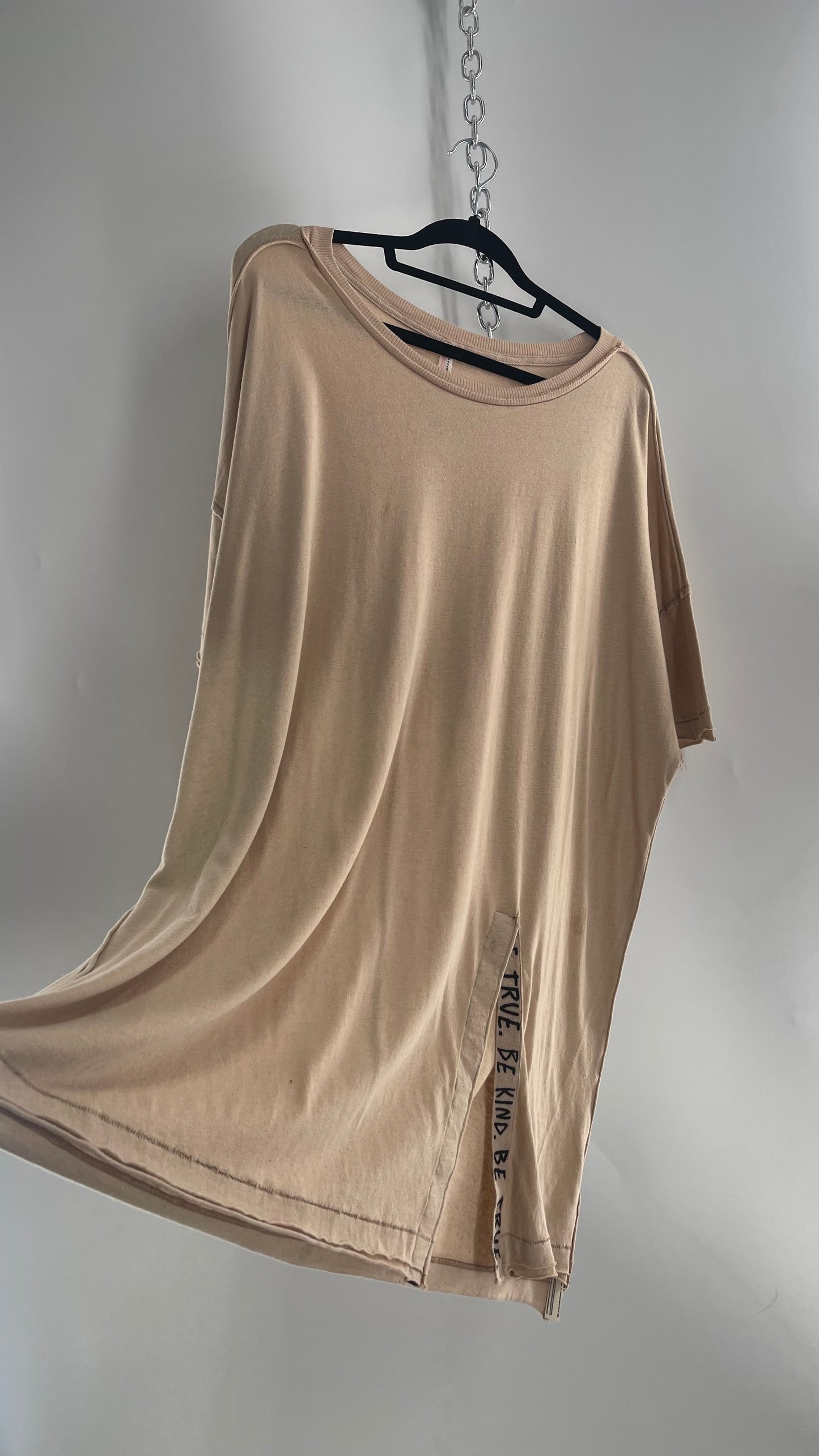 Free People Movement Oversized Light Beige Short Sleeve T-Shirt with Slit Embroidered Detail (Size XS)