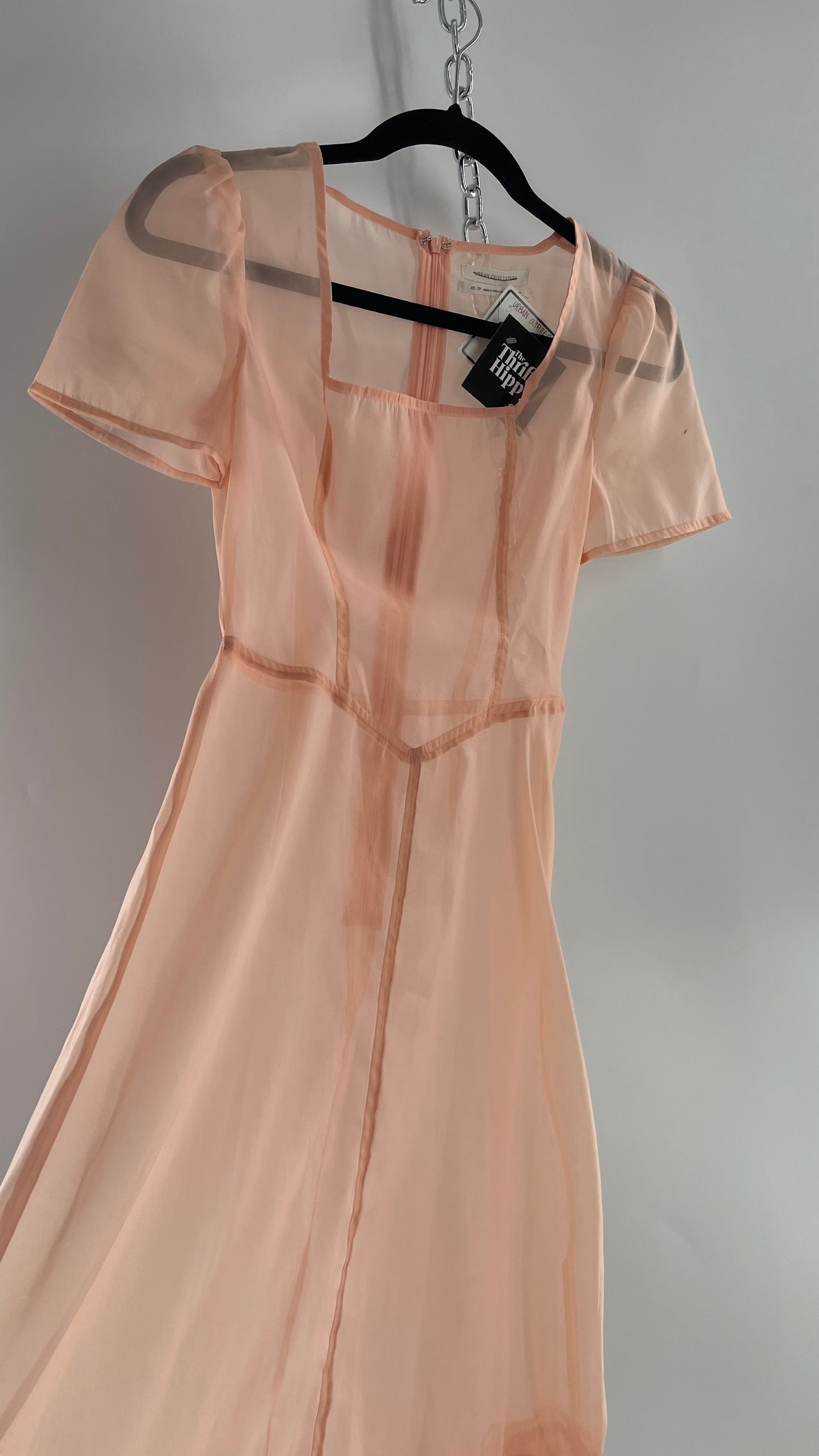 Urban Outfitters Pink/Peach Voile Vintage Inspired MIDI Dress with Ruffled Hem (XS)