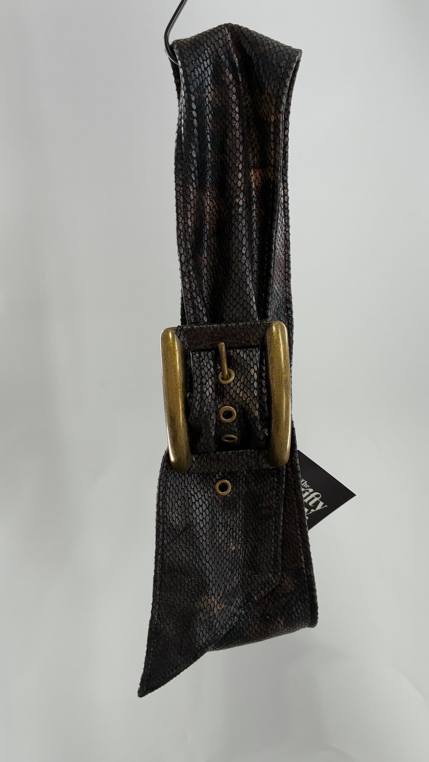 Vintage Snake Skin Patterned Wide Belt with Gold Brass Oversized Buckle (Large)
