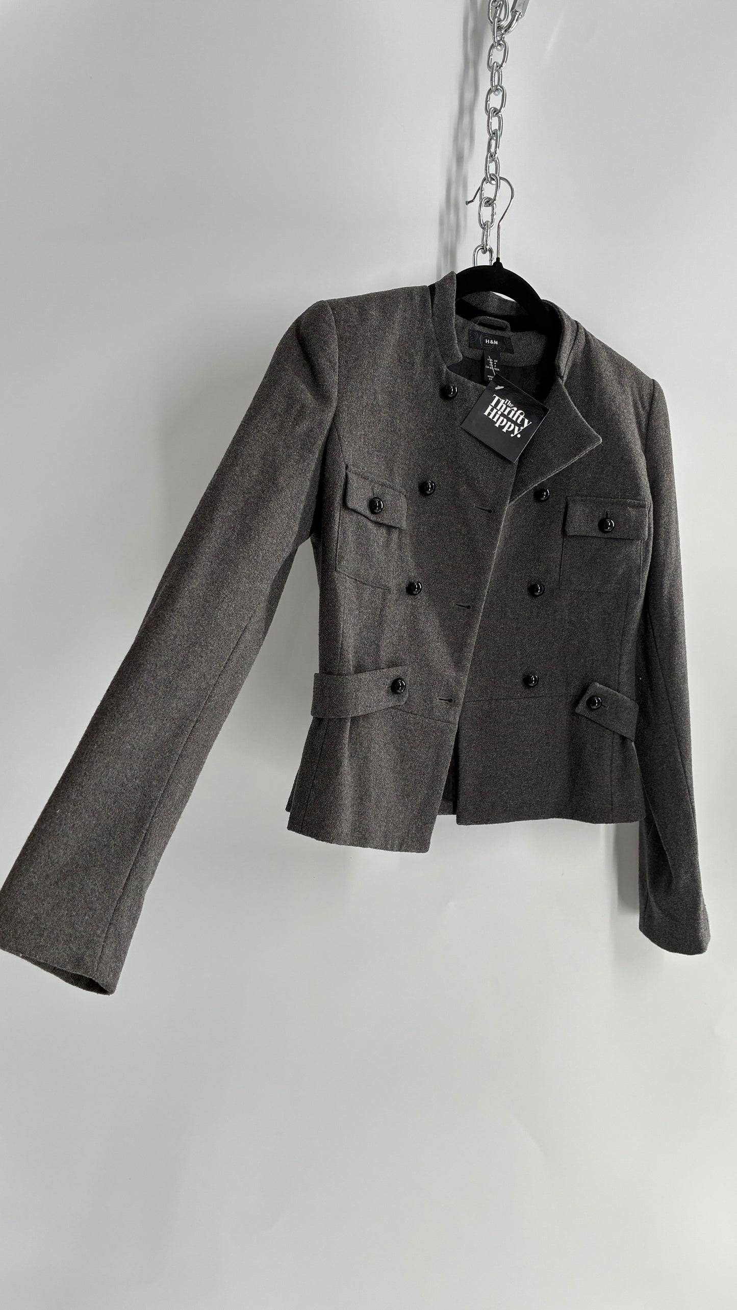 Vintage H&M Grey Knit Military Style Drummer Jacket (4)