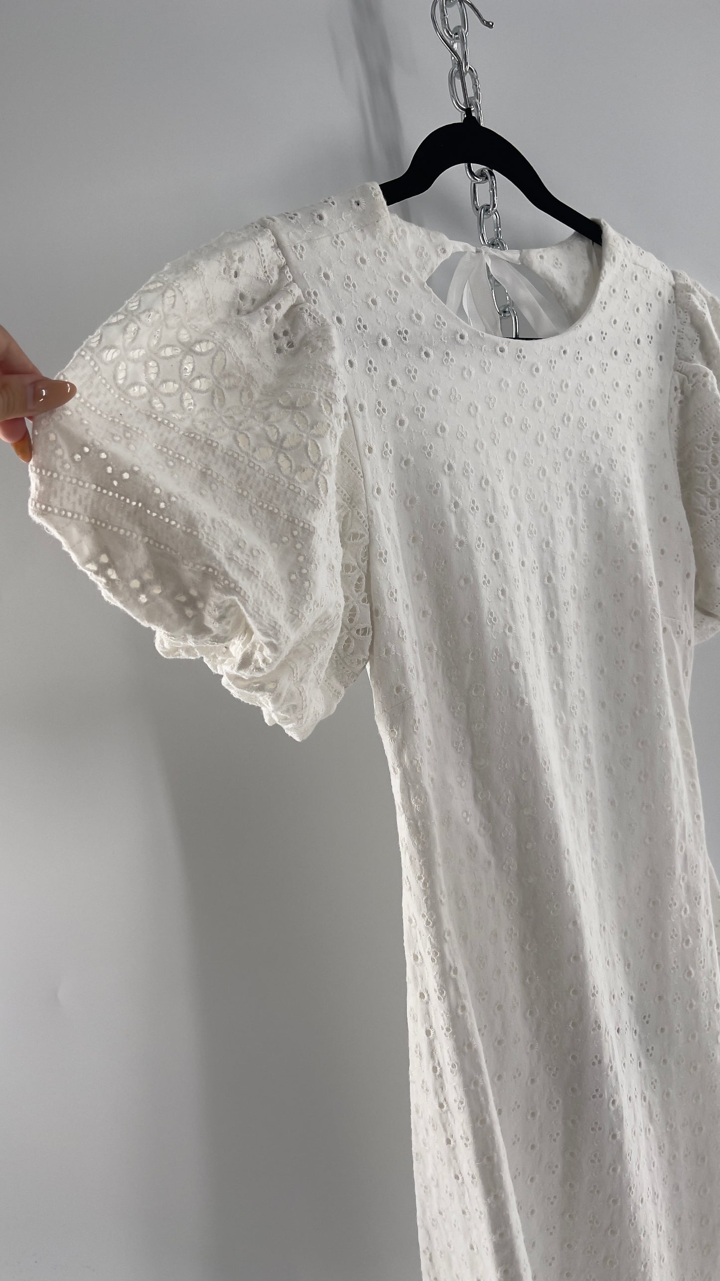 Free People White Eyelet Mini Dress with Puff Sleeve and Open Back (XS)