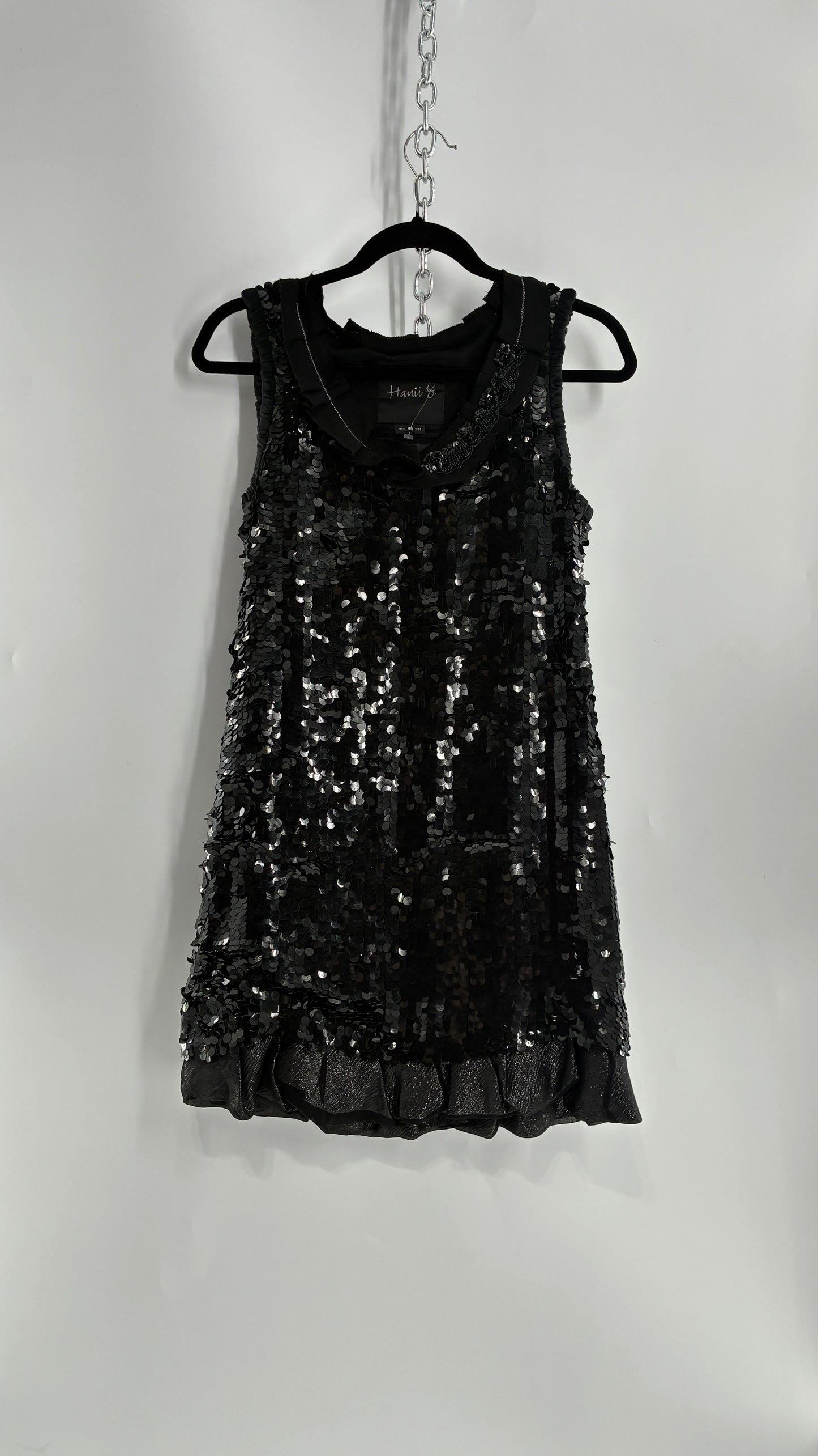 HANII Y. Black Sequin Mini Dress with Beaded, Pleated Ribbon Neckline and Bubble Hem (40)
