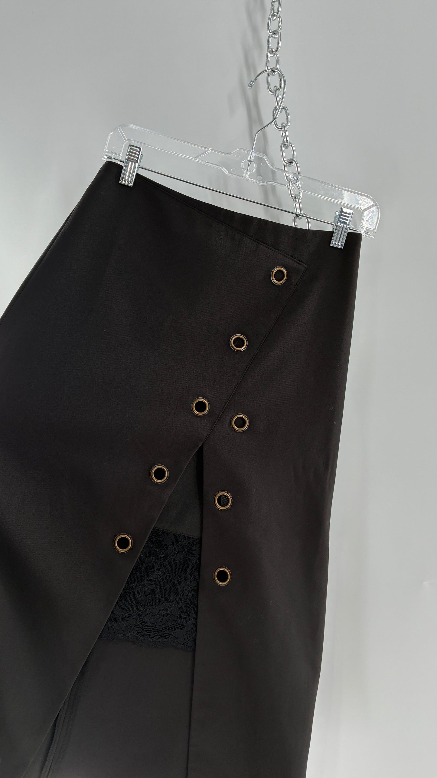 Vintage BYSI Black Skirt with Asymmetric Slit, Bronze Grommets and Lace Thigh Detail (EU36,UK8)