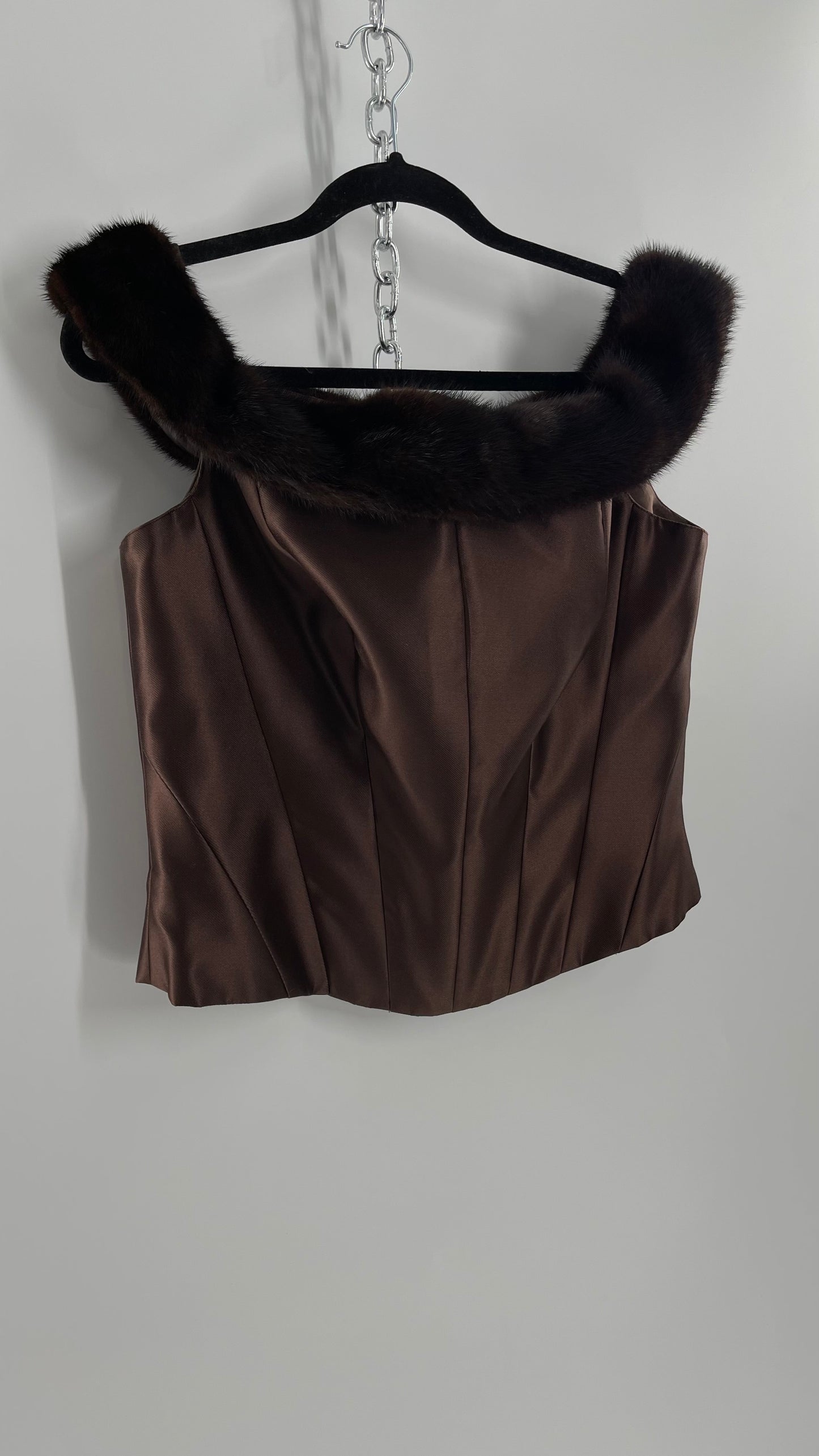 Vintage Sherrie Bloom • Peter Noviella• CHETTA B 100% Silk Brown Corset with Fur Trim Off the Shoulder Collar (14)