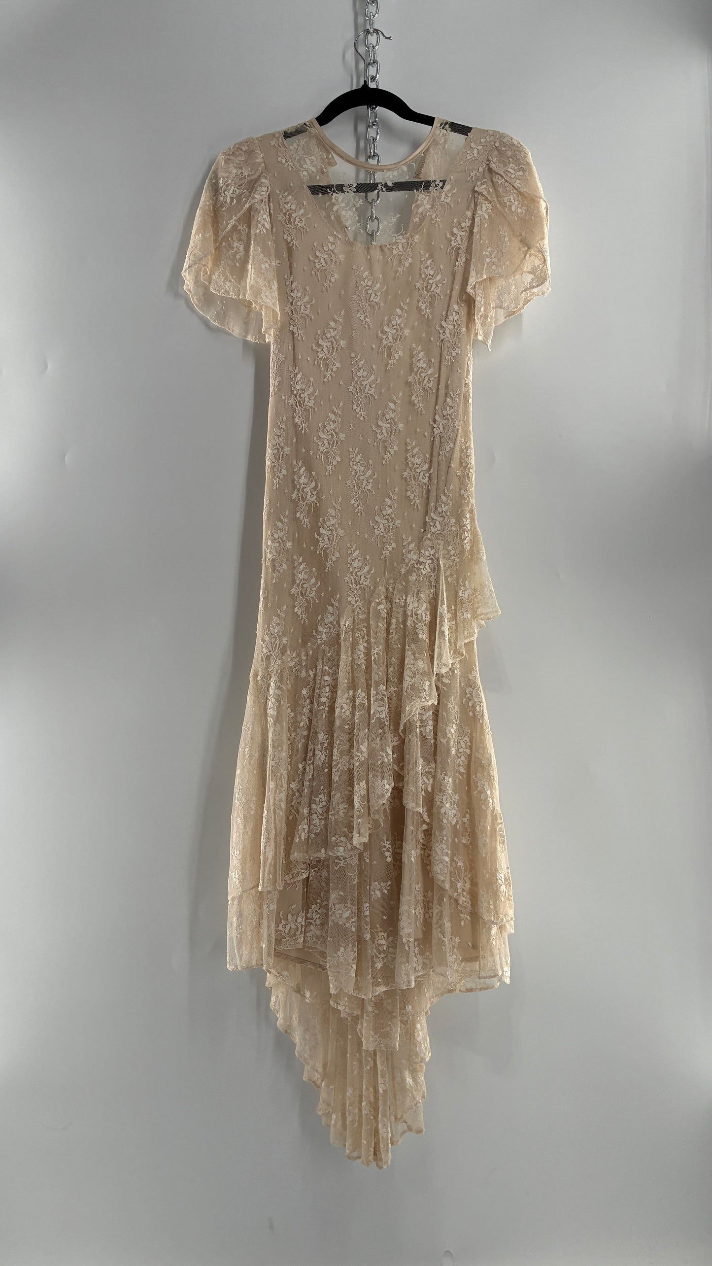 Vintage Ivory Lace Gown with Petal Sleeves, Tiered Hemline (5/6)