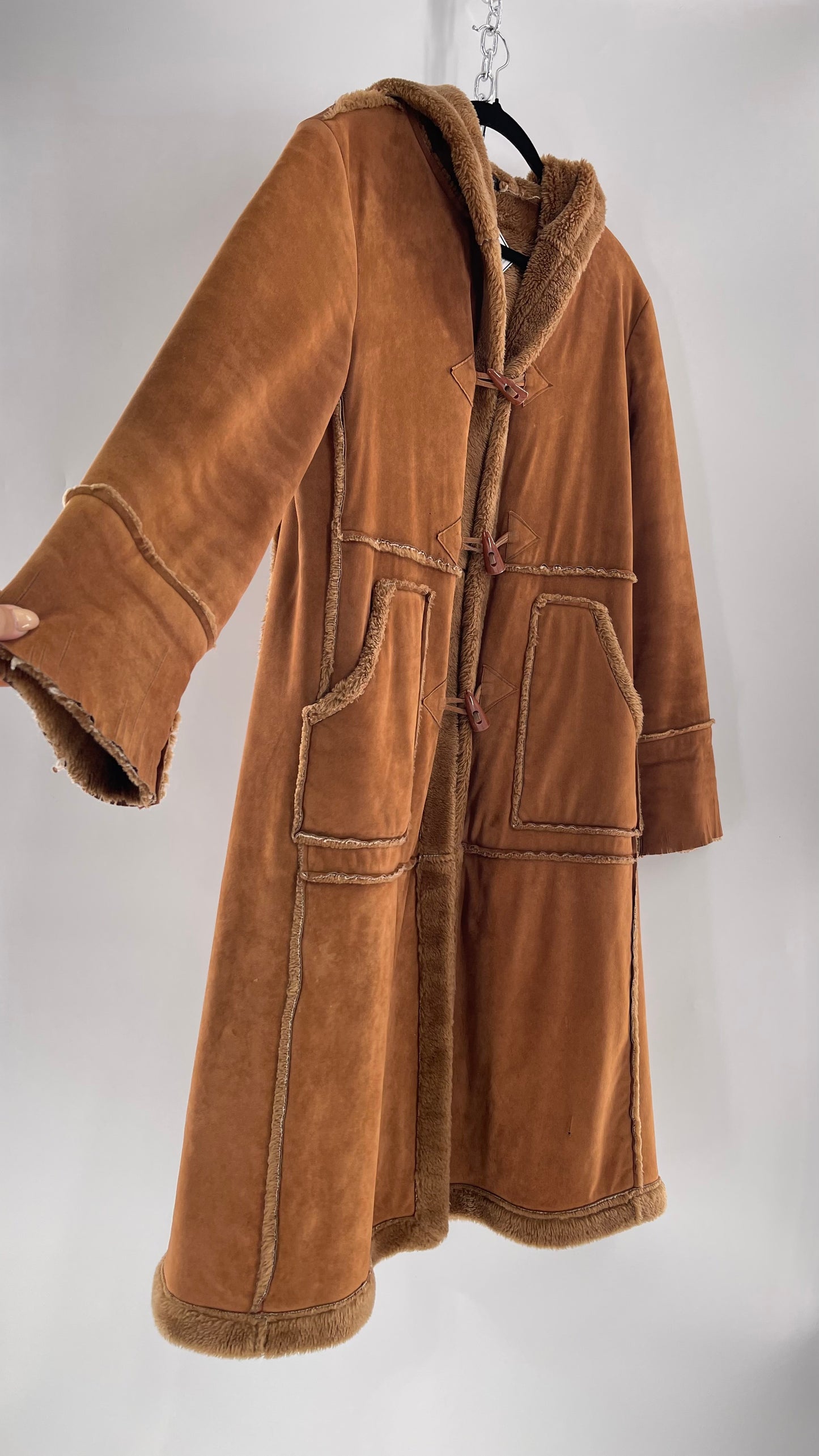 Vintage Faux Suede Long Hooded Coat with Fur Trim/Piping (C)(Medium)