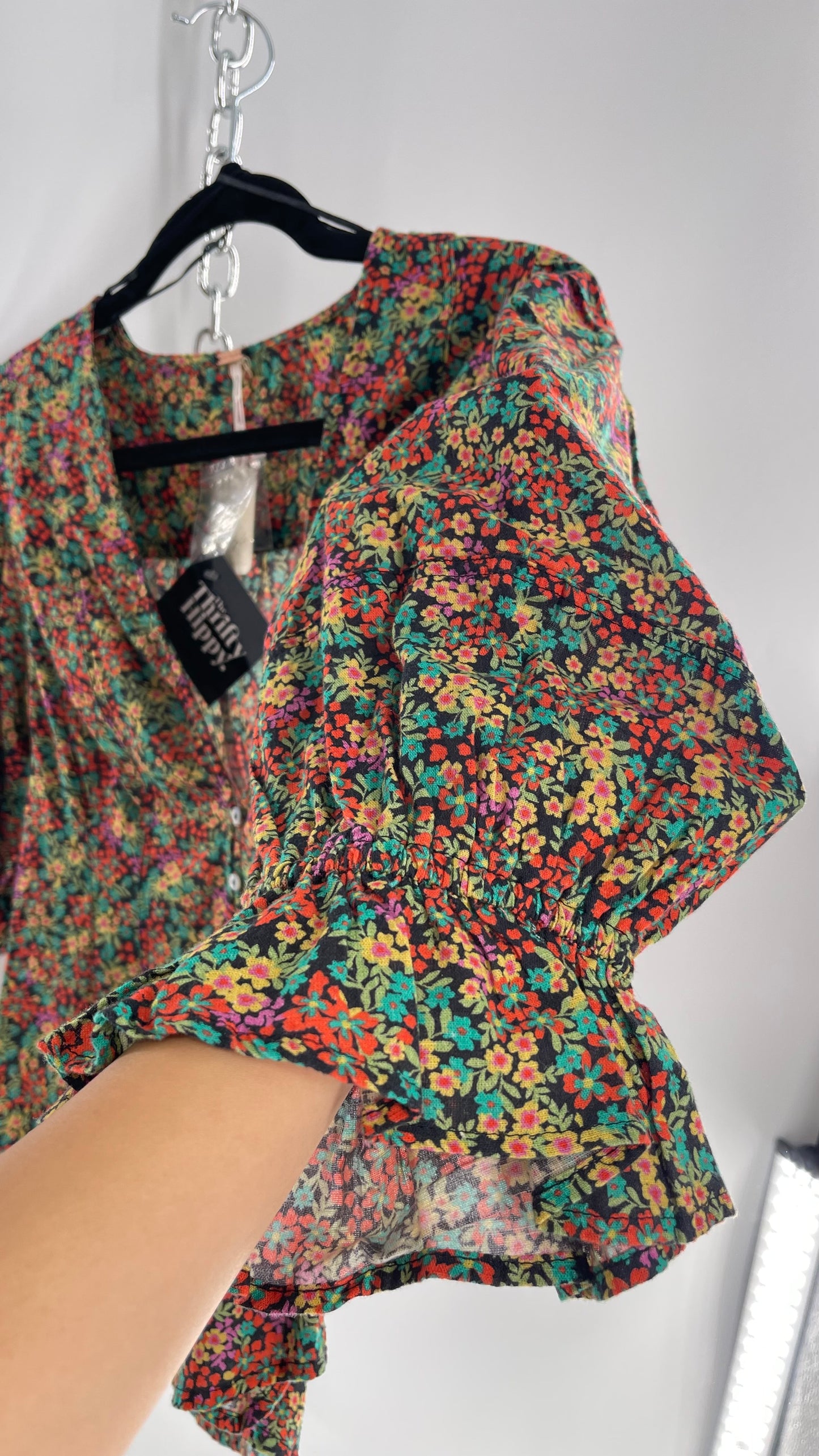 Free People 100% Cotton Colorful Florals Blouse with Deep V, Puff Sleeves, Button Front, and Tags Attached (Small)