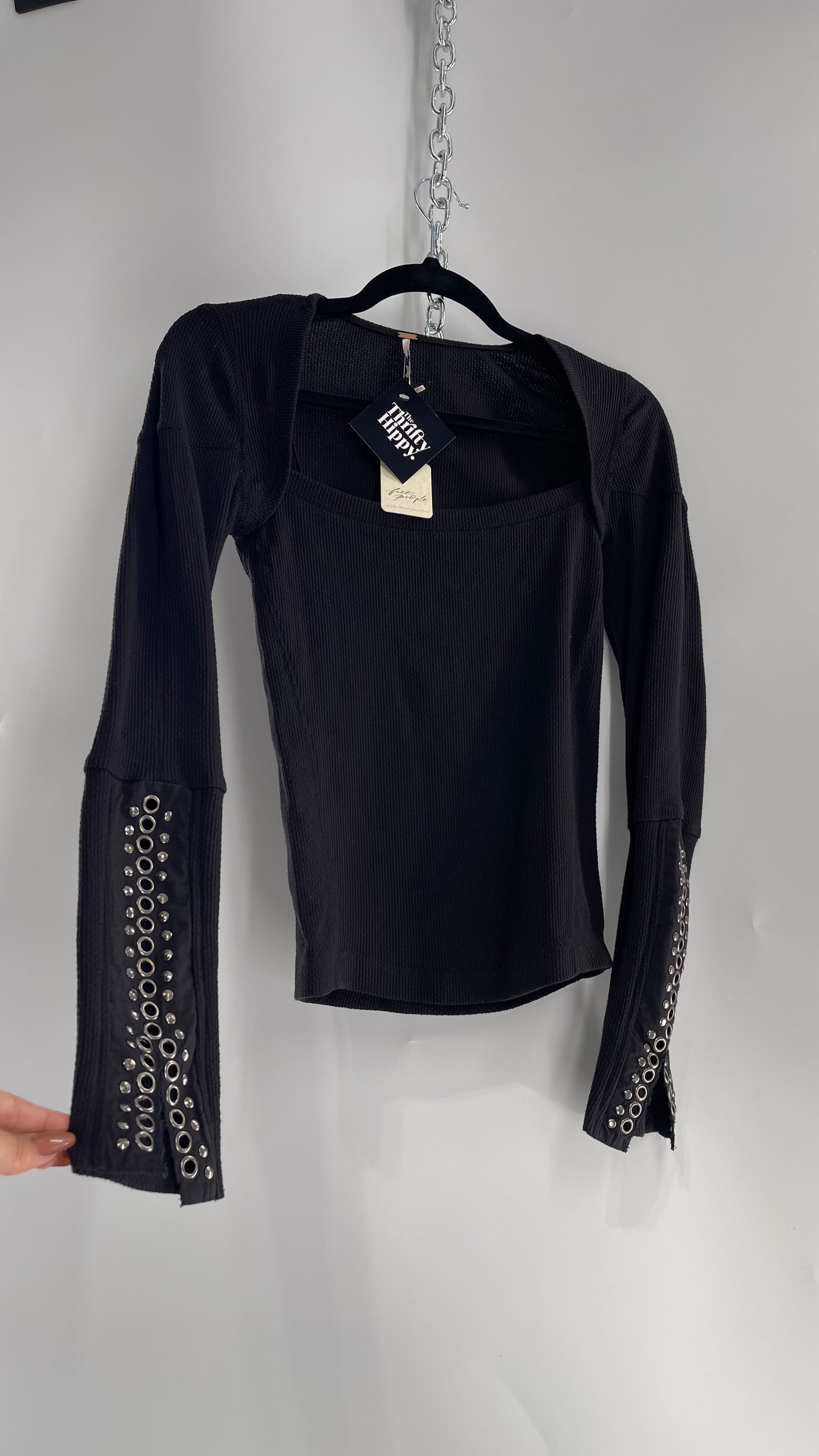 Free People Black Henley with Grommet and Studding Sleeve Cuff Tags Attached (XS)