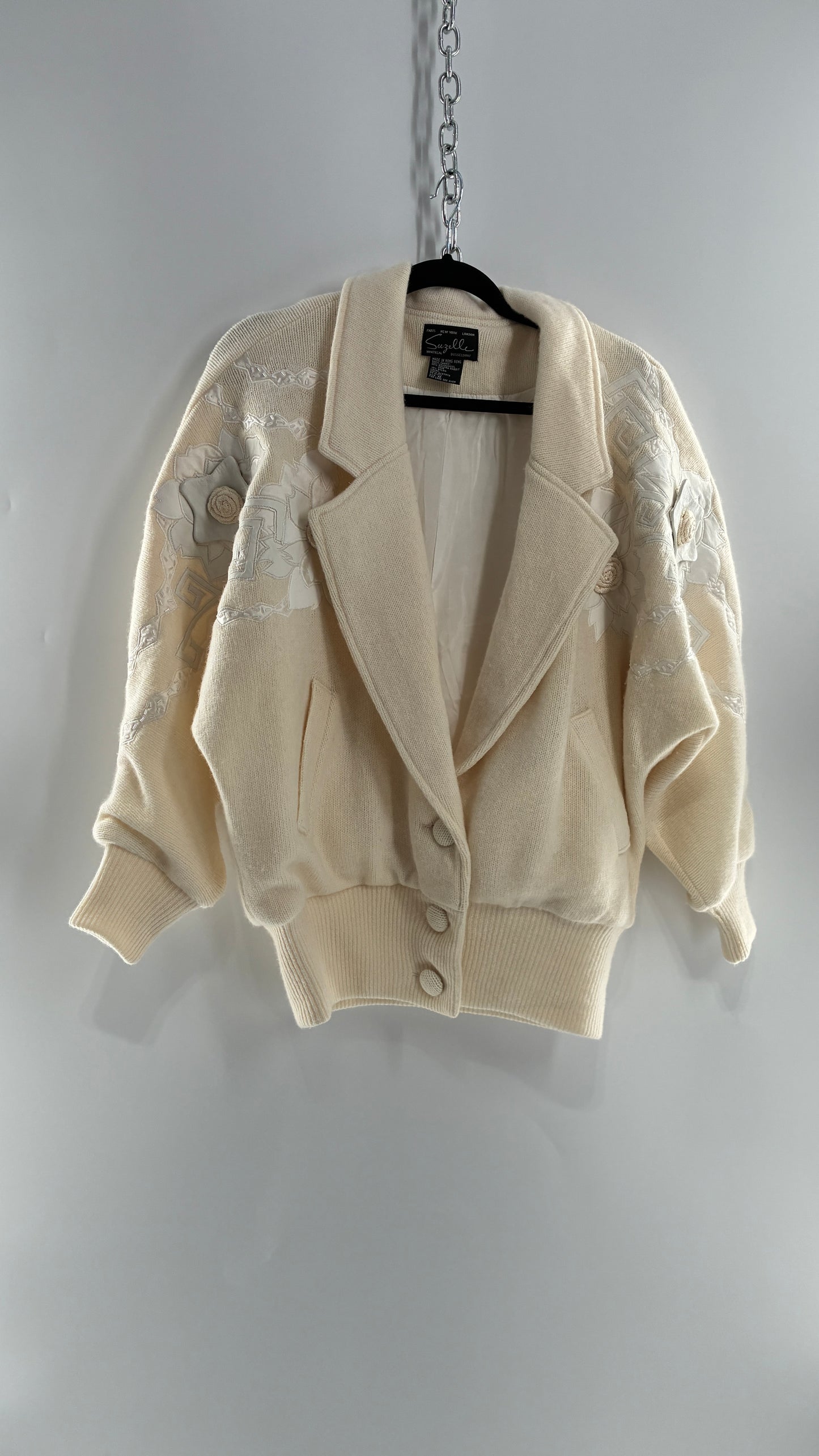Vintage SUZELLE 70% Lambswool, 20% Angora Rabbit Off White Woven Bomber Jacket with Leather Flower Appliqués (Medium)