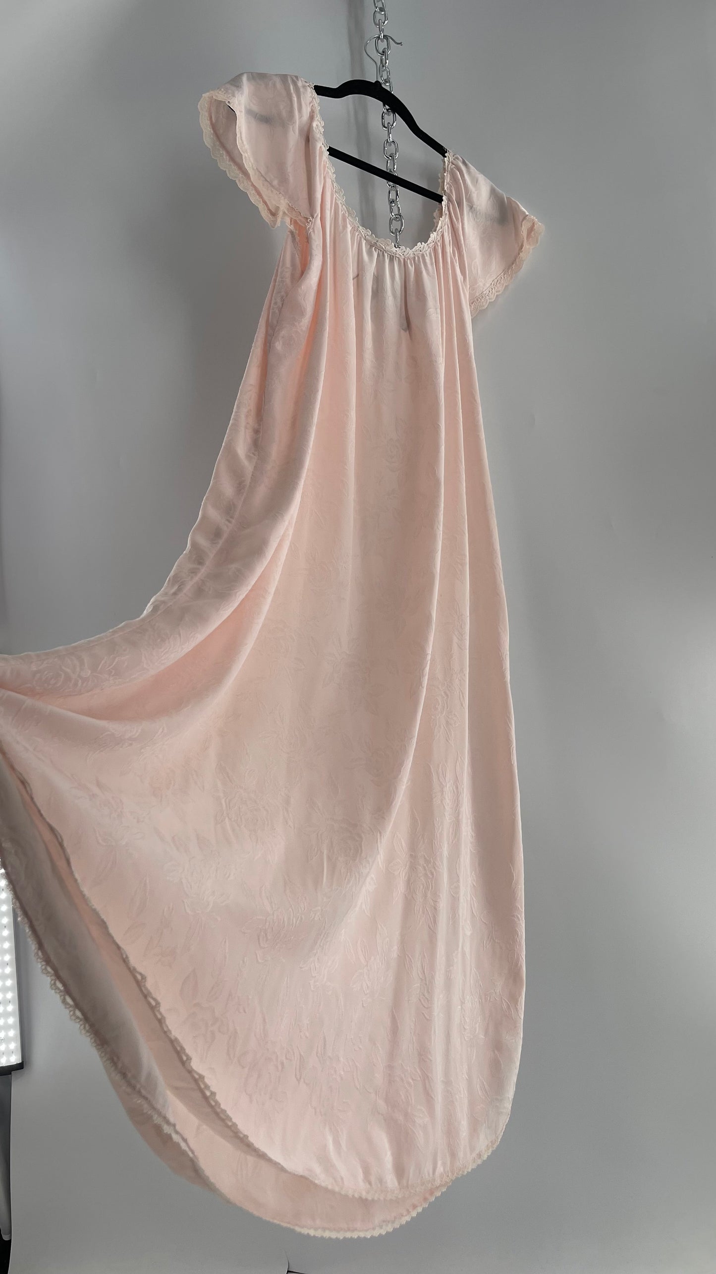 Vintage Christian Dior Pink Night Gown/ Maxi Dress with Floral Embossed Design, Lace Trim and Rosettes (Large)