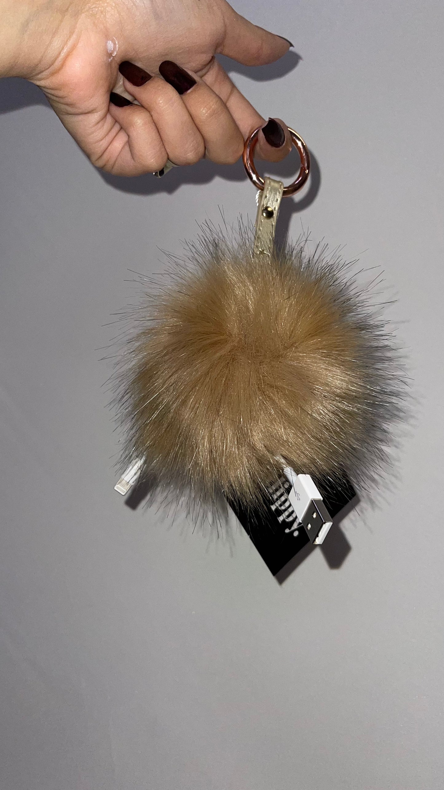 Free People Tan Fur Pom Pom Keychain with Charging Port