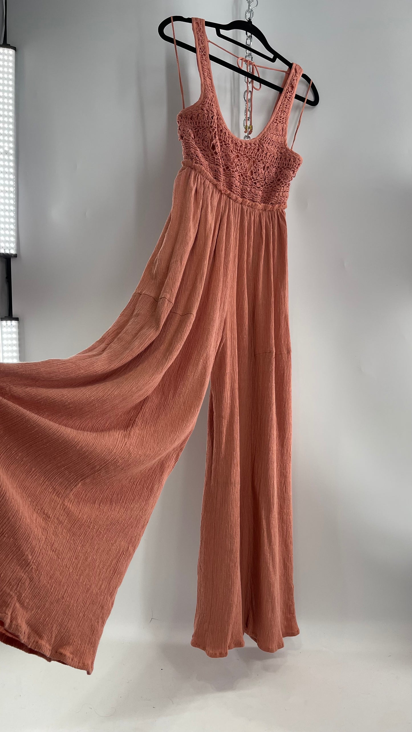 Free People Rose/Peach Pink Wide Leg Jumpsuit with Crochet Bust and Tags Attached (XS)