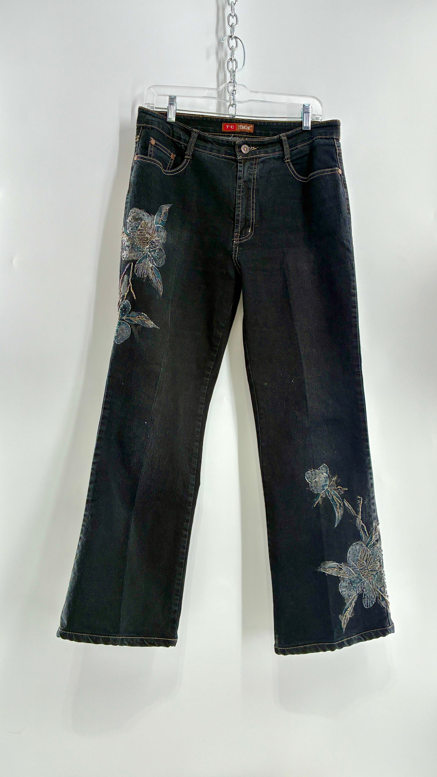 Vintage TEMCHE JEANS Dark Wash Jeans with Painted, Beaded Florals