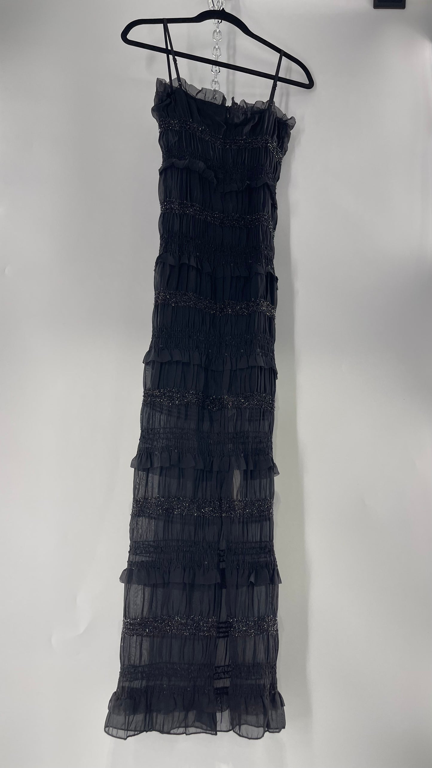 The Commense Black Sheer Crimped Midi Dress with Stripes of Tinsel and Ruffle with Tags Attached (Medium)