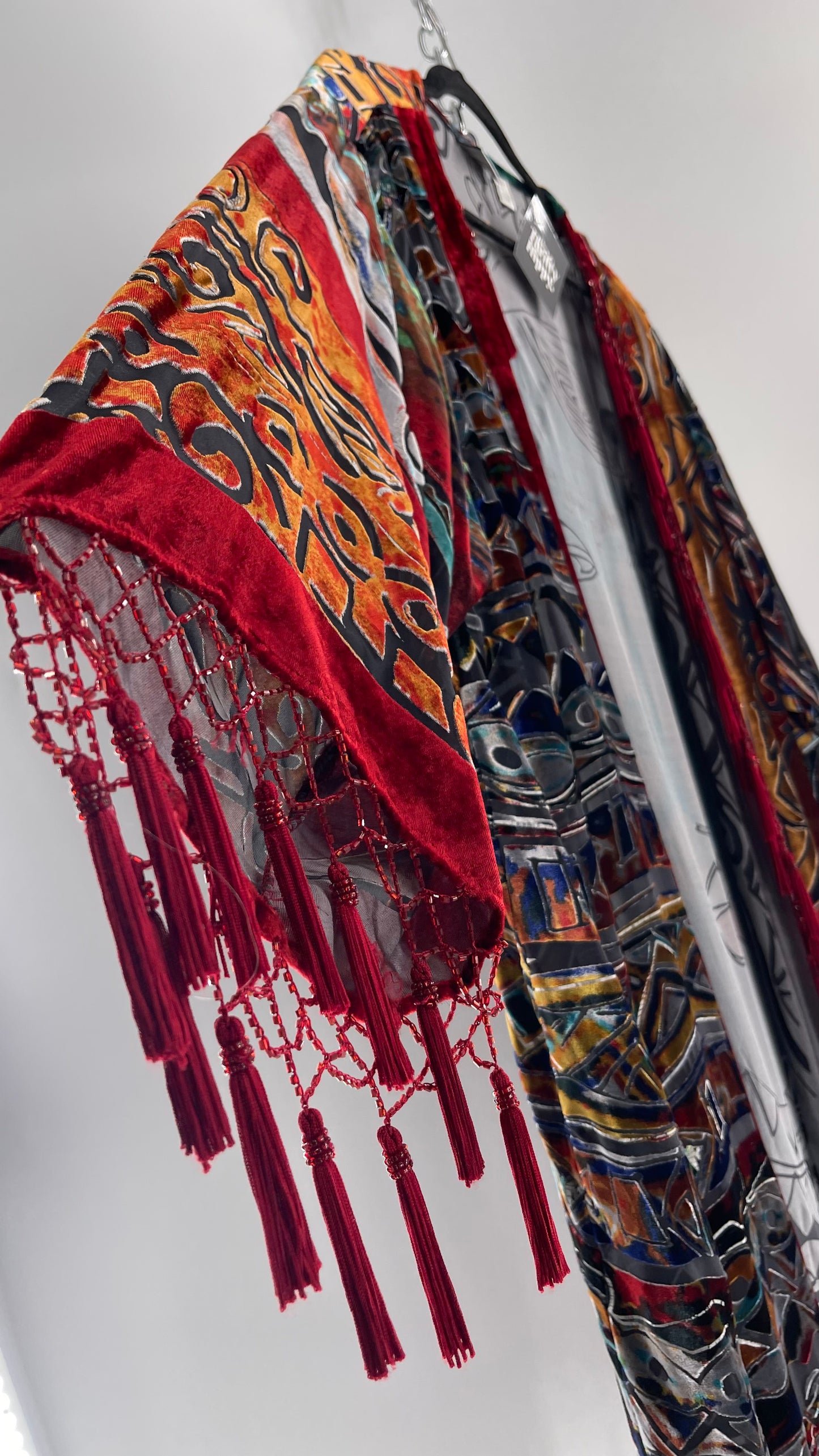 Vintage Burnout Buddhist Motif Velvet/Velour Beaded Fringe Duster Coat/Kimono with Tassel Sleeves and Hems (M/L)