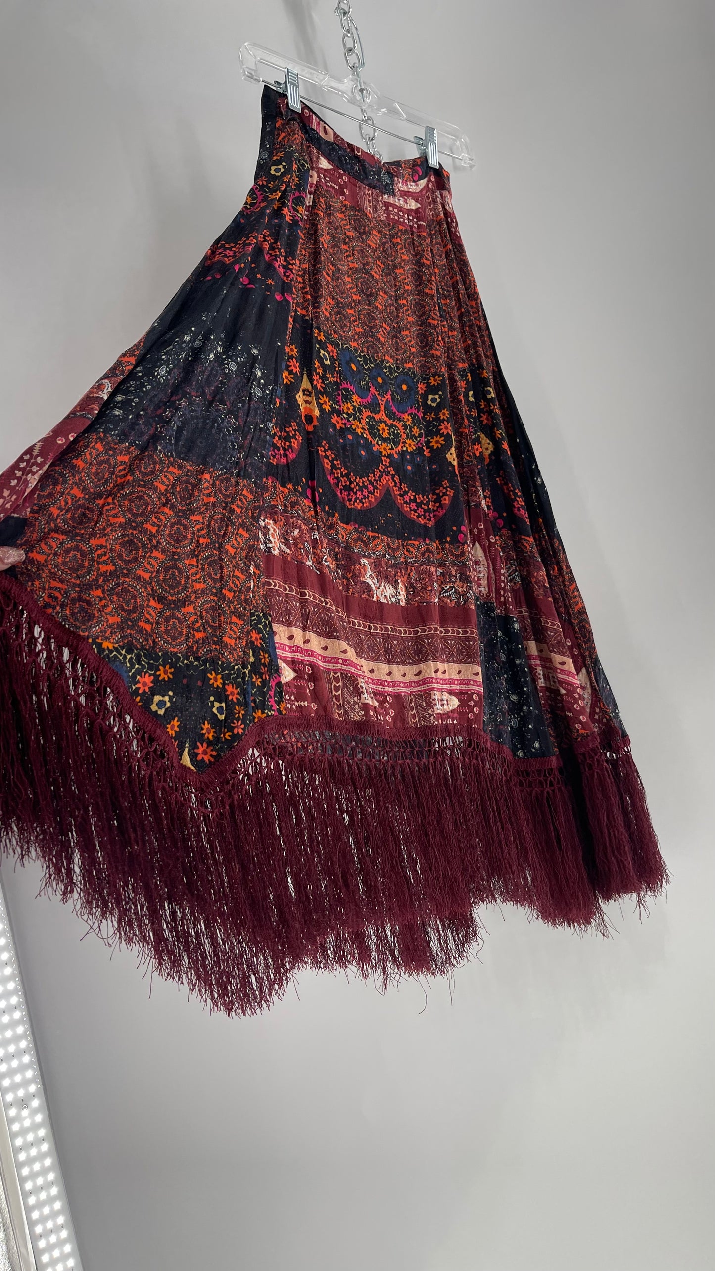 Free People Burgundy Satin Patchwork Patterned Fringe Full Length Skirt with Embossed Symbols and Side Slit Tags Attached (0)