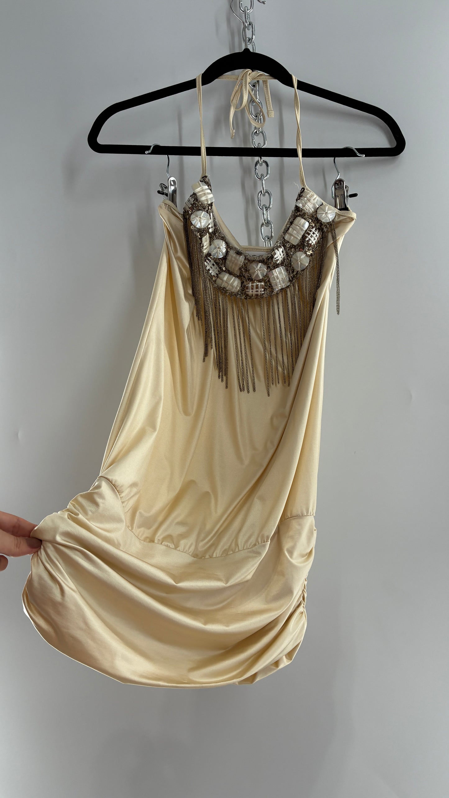 Beach Bunny Ivory Lycra Balloon Hem Mini Dress with Exaggerated, Beaded and Metal Chain Neckline (Small)