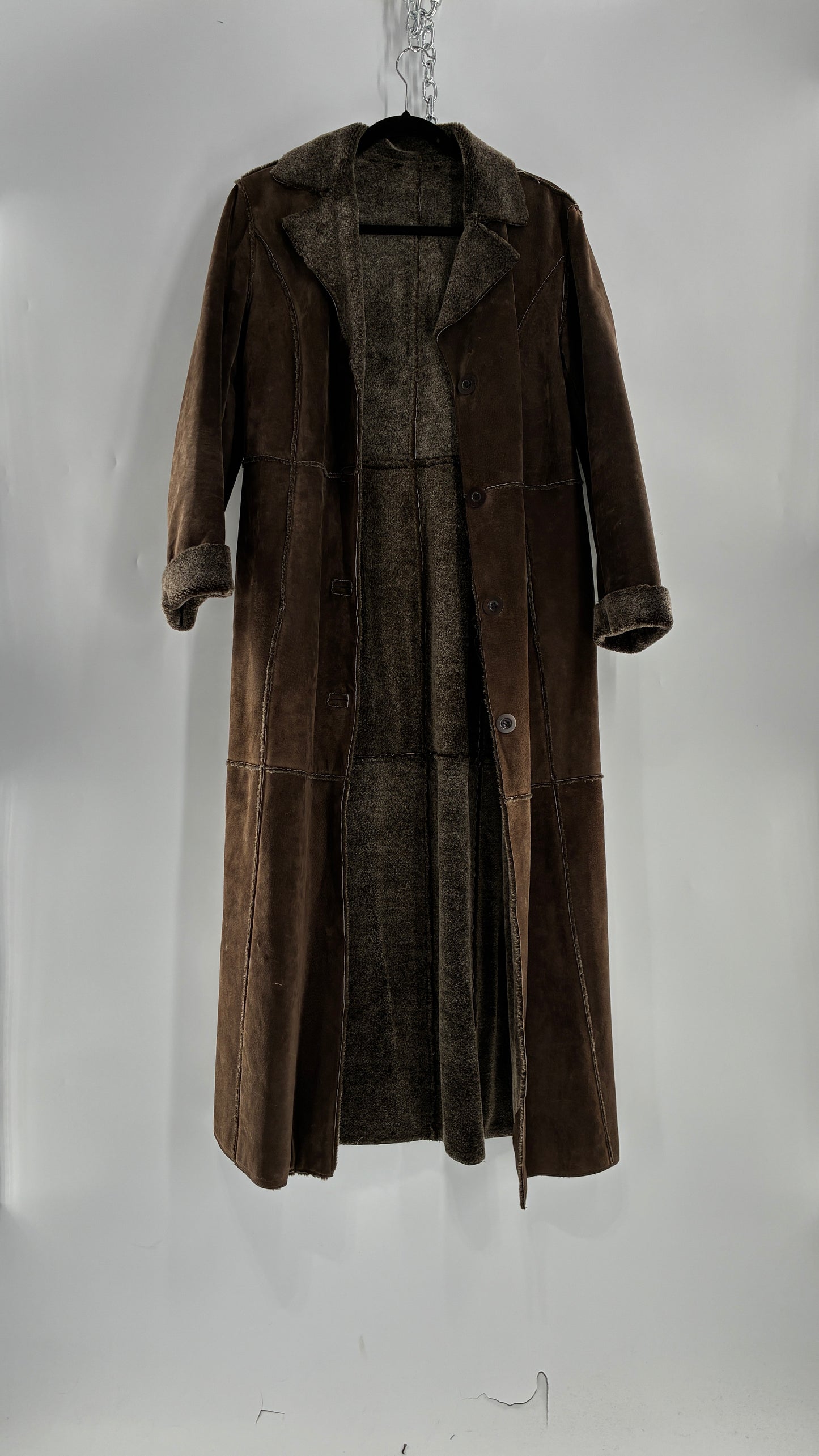 Vintage WINLIT Brown Full Length Paneled Suede Leather Coat (Small)