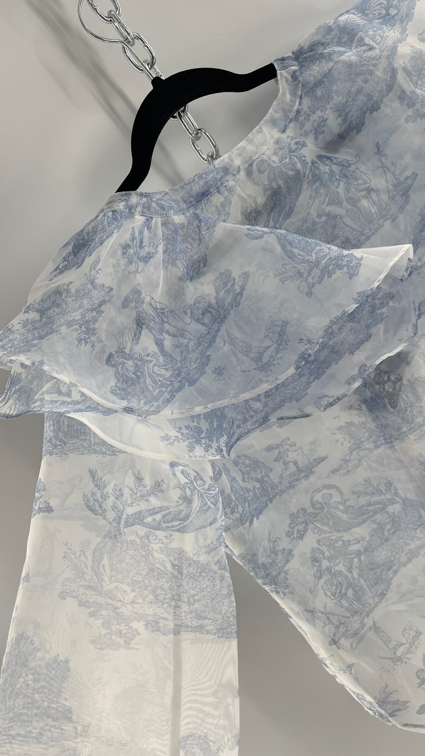 Laura Ashley Urban Outfitters Voile Sheer Ruffled Shoulder Button Up with Blue Vintage Print (XS)