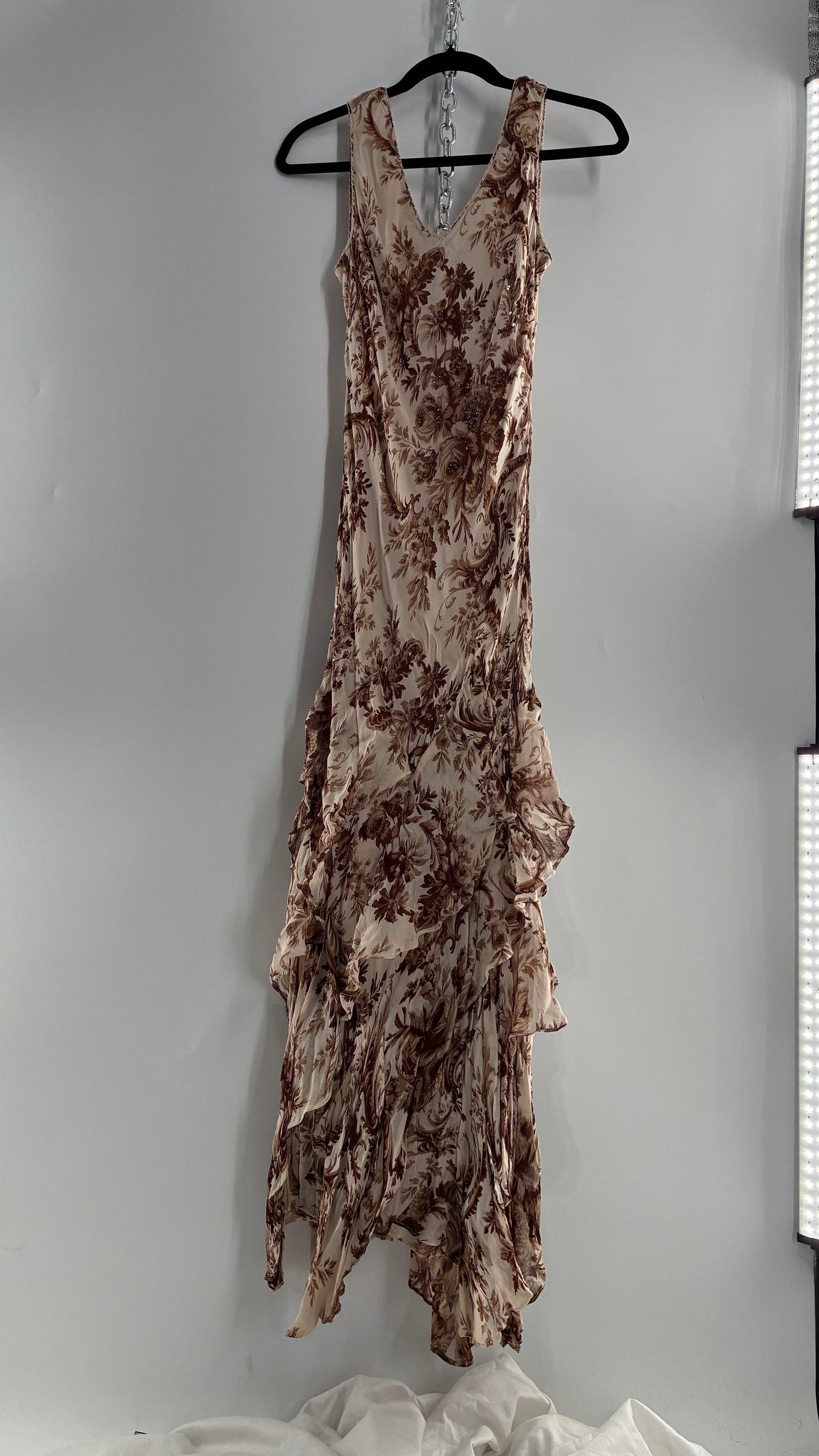 Vintage MAJICK 1990s Brown Floral, Asymmetric Ruffled Hem Gown with Embroidered Sequin Details (Medium)
