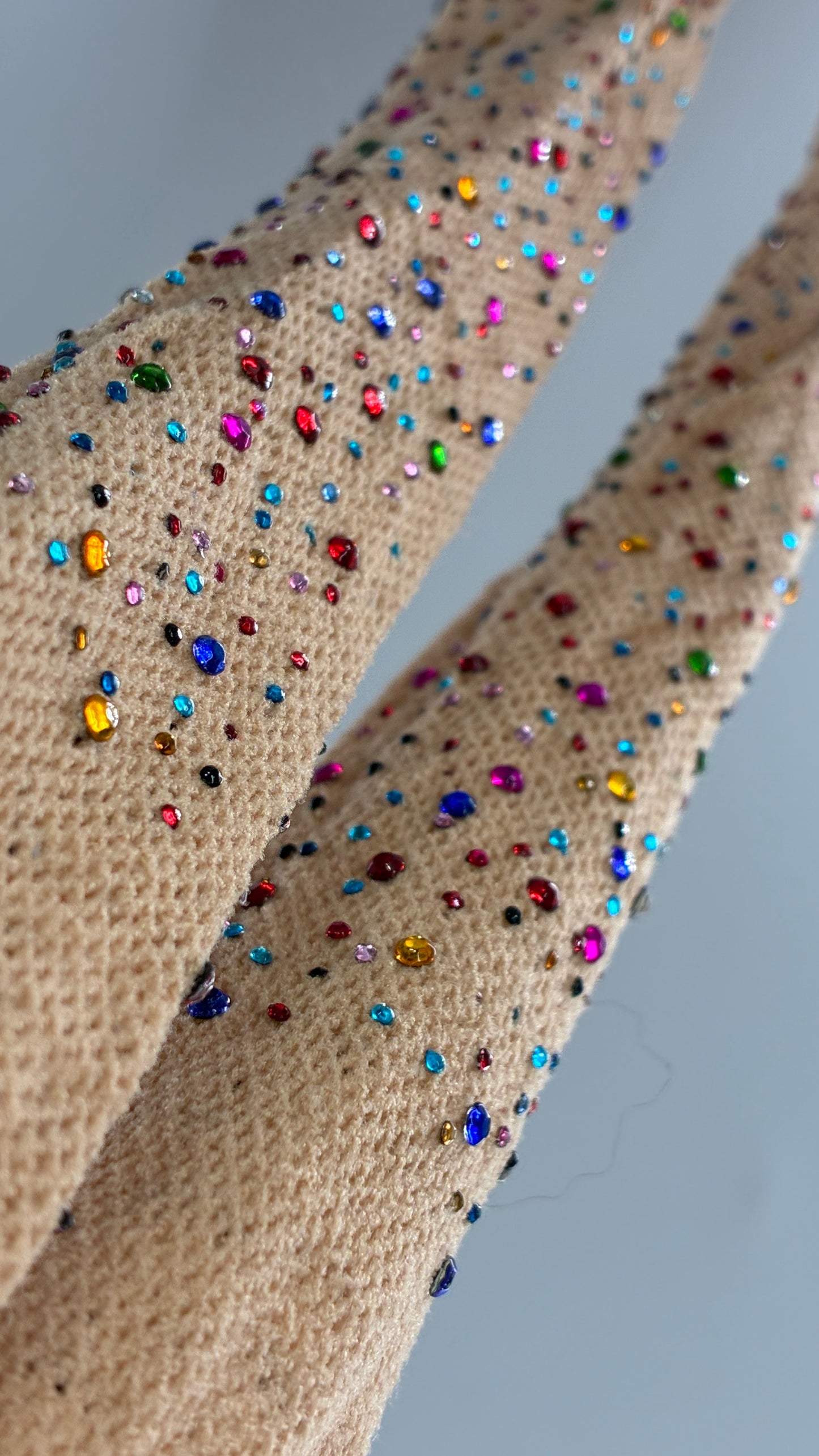 Beige Mesh Tights with All-Over Multicolored Rhinestones
