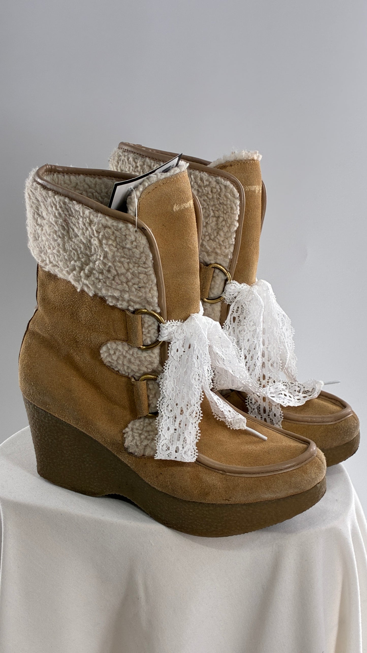 Vintage TOMMY GIRL Suede Leather Wedge Heels with Sherpa Details and Lace Trim Laces (8)