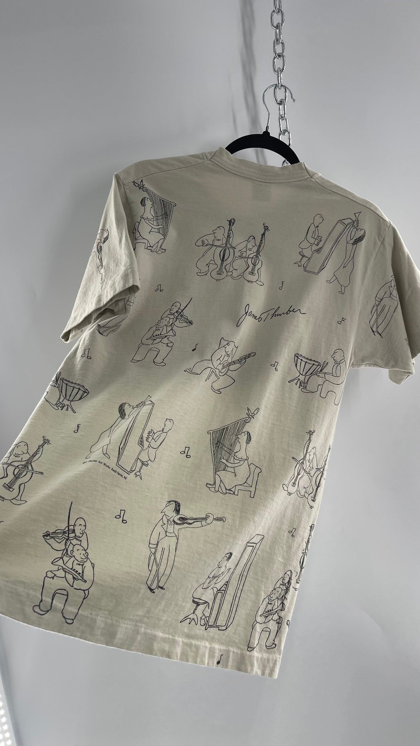 Vintage James Thurber Welcome to the Opera Beige Doodle Comic Sketch T Shirt (M)