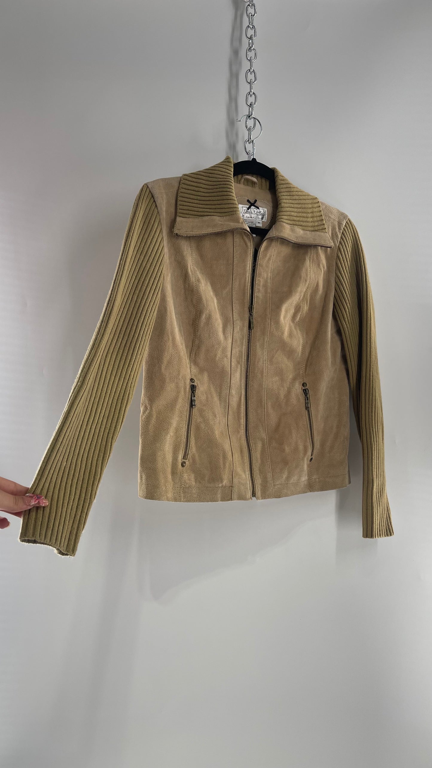 Live a Little Beige/Tan Suede Jacket with Ribbed Knit Sleeves and Collar (Medium)