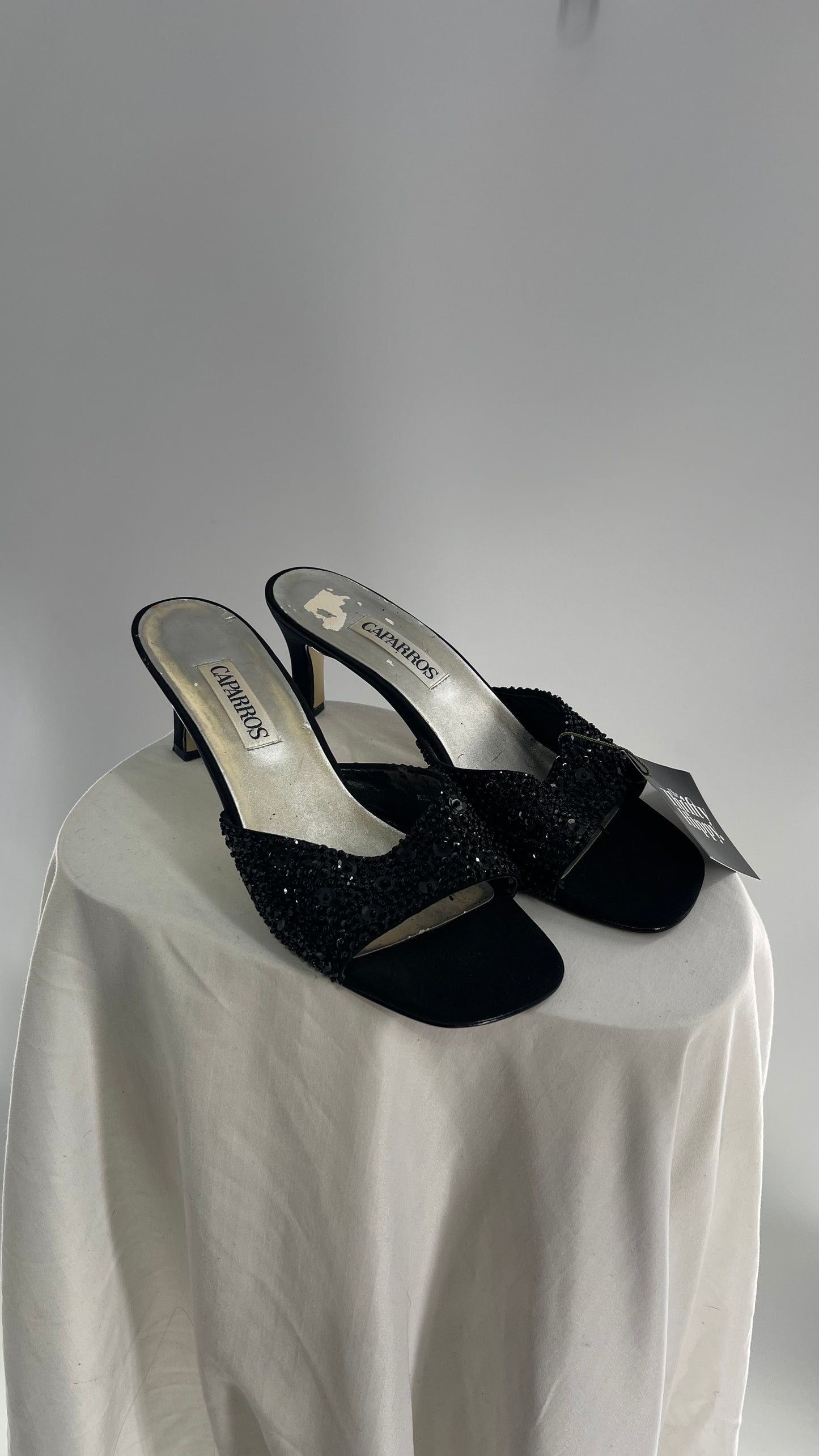 Vintage Caparros Black Square Toe Kitten Heel with Sequin Embellishments (9)