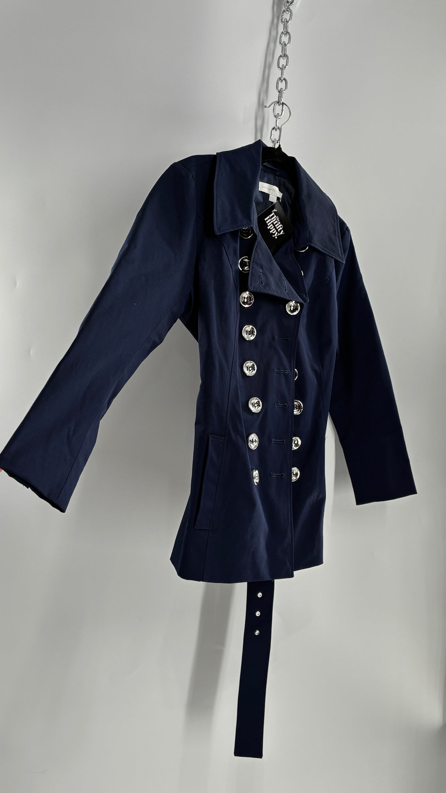 New York & Company Deep Navy Coat with Double Breasted Silver Buttons and Oversized Silver Buckle (Large)