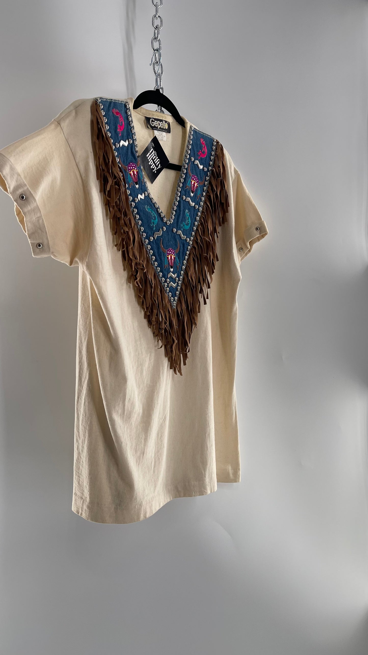 Vintage 1980s GEPETTO Off White Rodeo Western T Shirt with Denim Lined V Neck, Faux Leather Fringe Detail, Embroidery, and Heavy Duty Studs