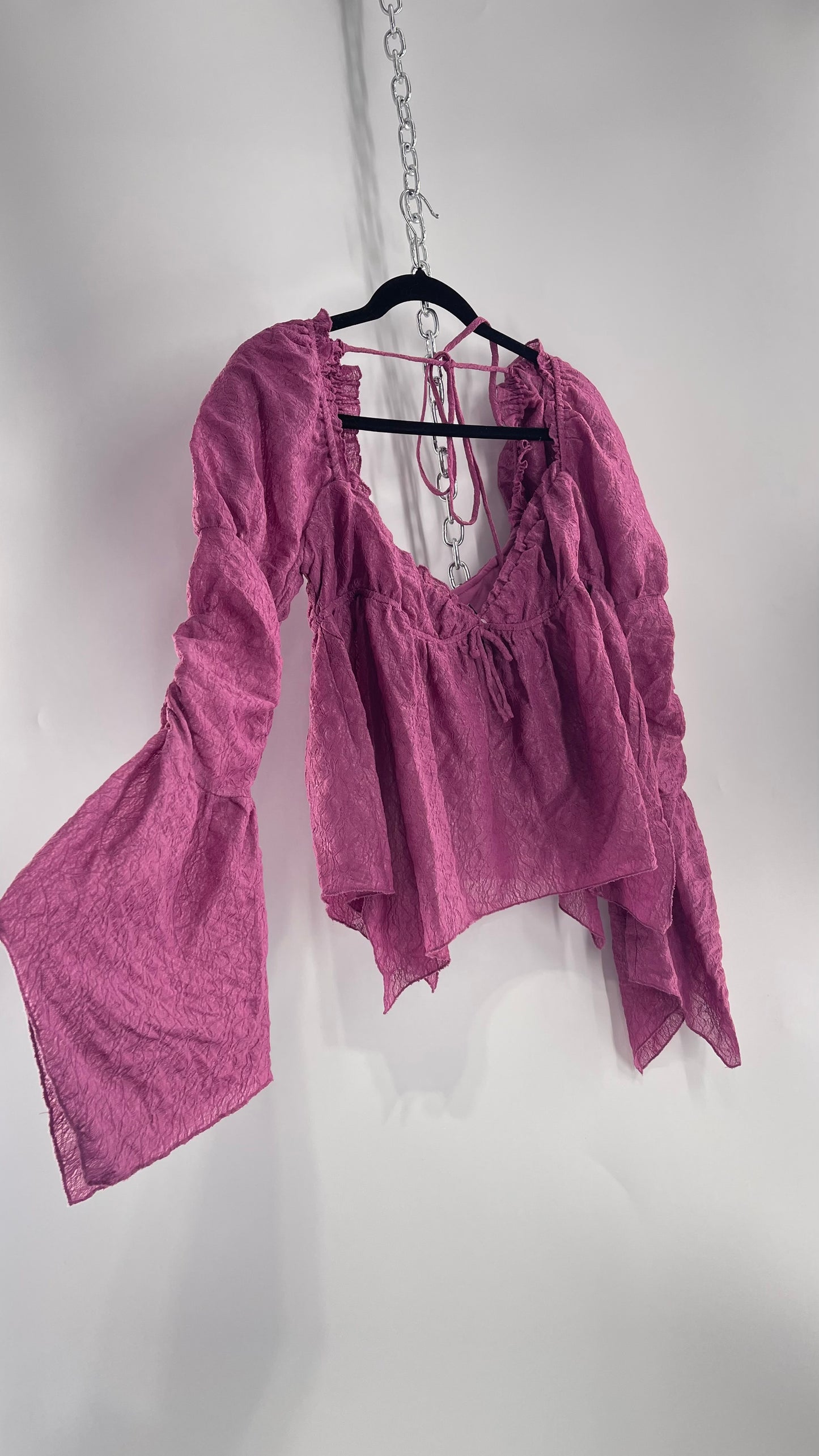 Urban Outfitters Purple Lace Blouse with Handkerchief Slit Hem, Princess Fairy Sleeves, Ruffle Trim Bust and Low Back (Large)