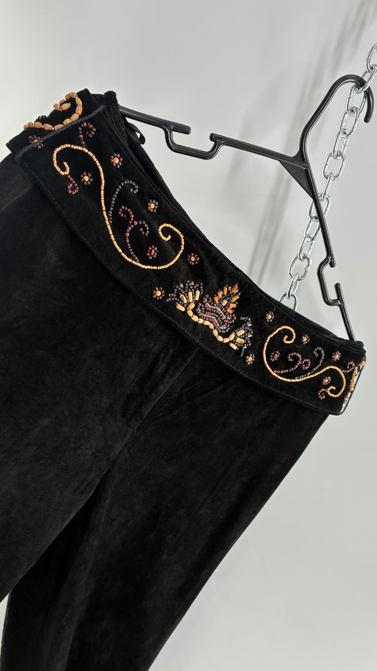Vintage Margaret Godfrey Black Genuine Suede Leather Kick Flares with Wide Beaded Belt (10)