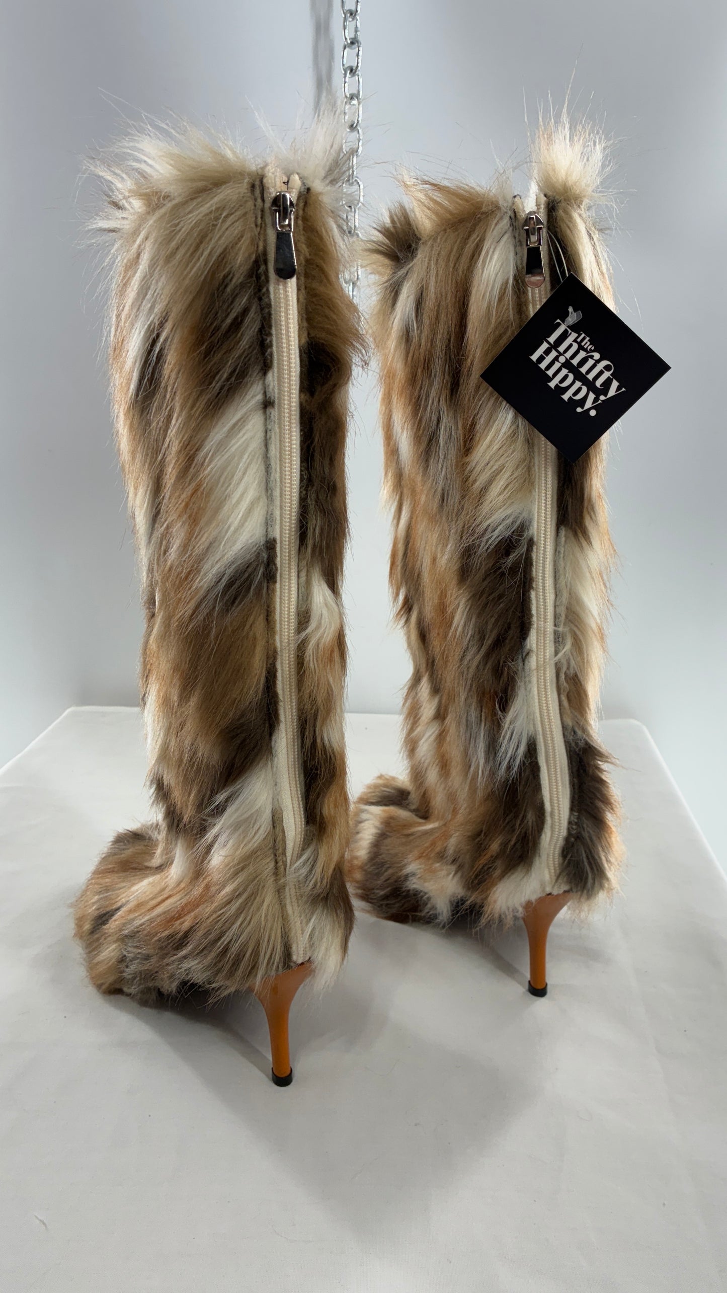 Vintage Mixed Tone Vegan Fur, Knee High, Pointed Toe Boots (43)
