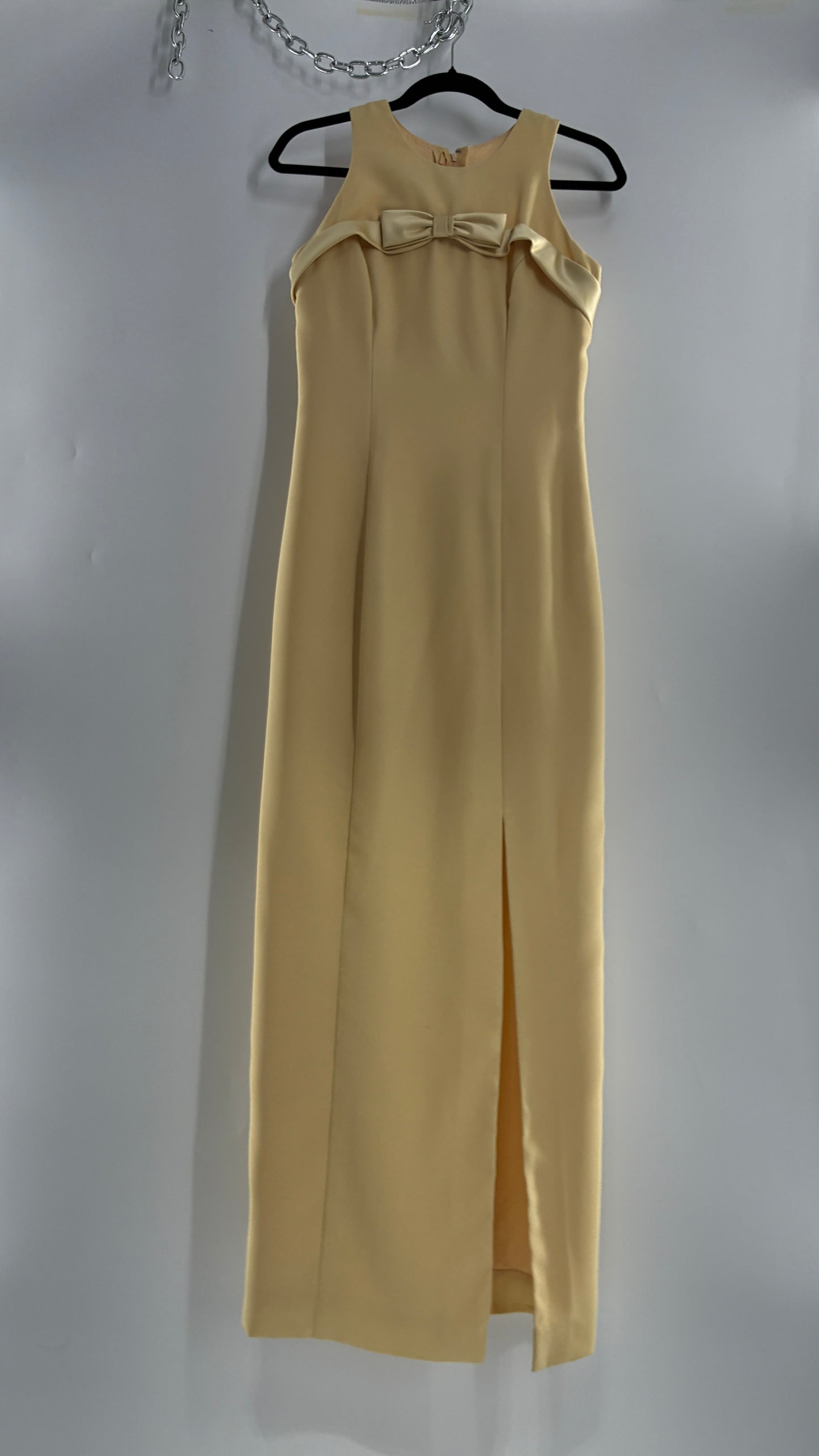 Vintage ALYCE’S Baby Yellow High Neck Satin Bow Bust, Side Slit, Button Back Gown (Measured)