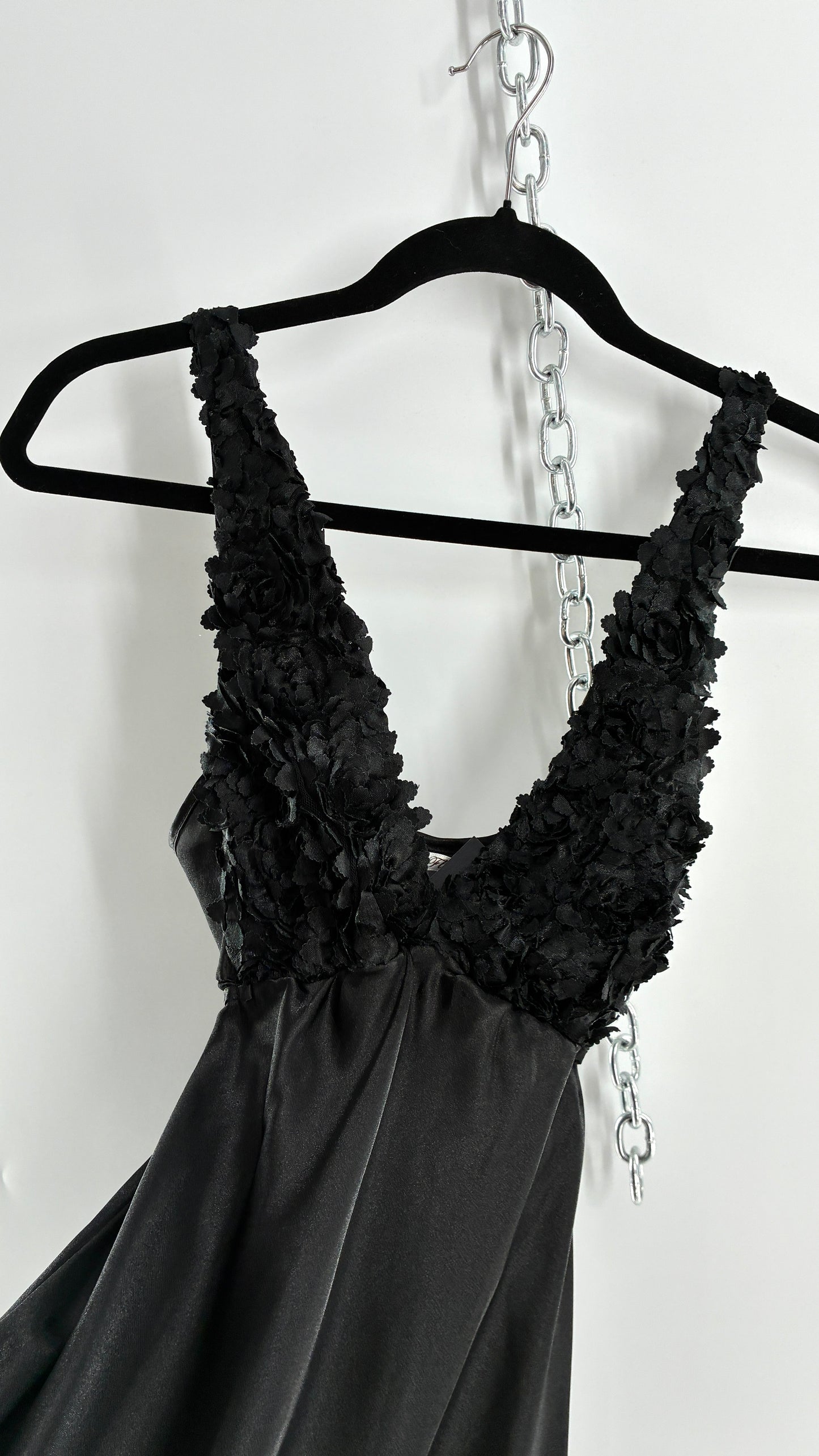Vintage FLORA Black Slip Gown with Textured Floral Bust (Small)