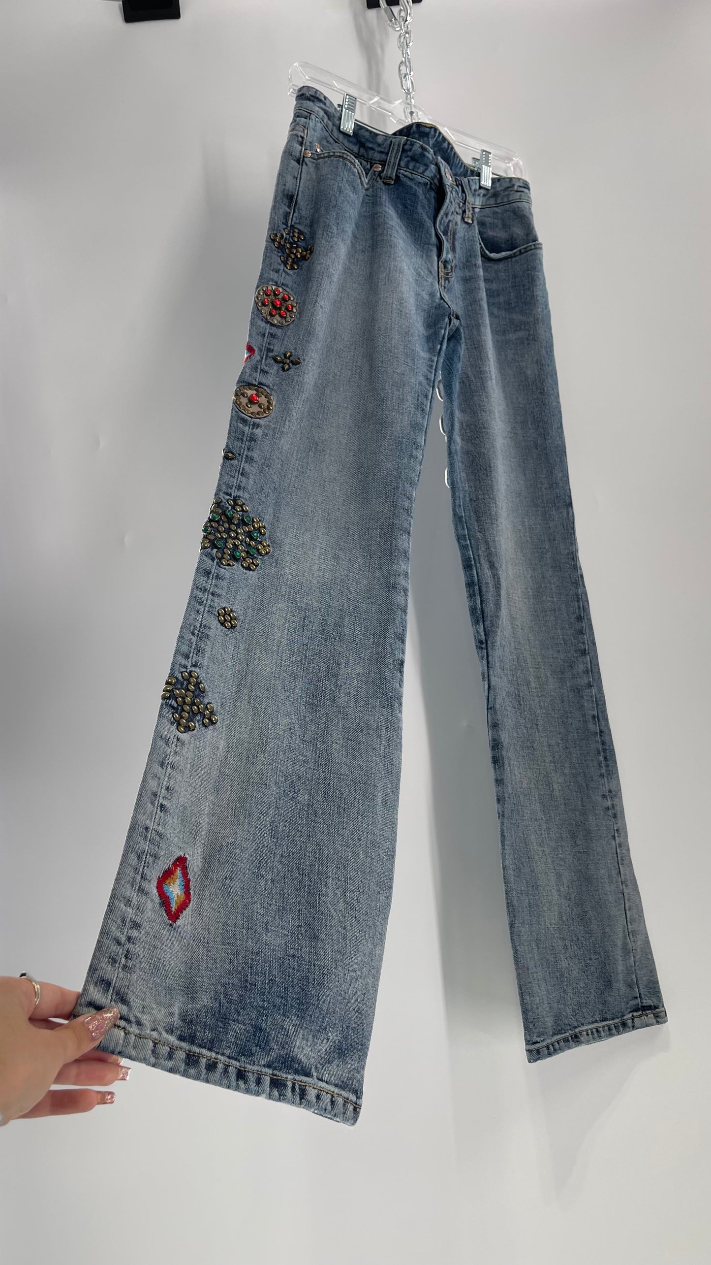 Western Denim Bank Light Wash Straight Legs with Gold/Bronze Metal Studs and Jewels (29)