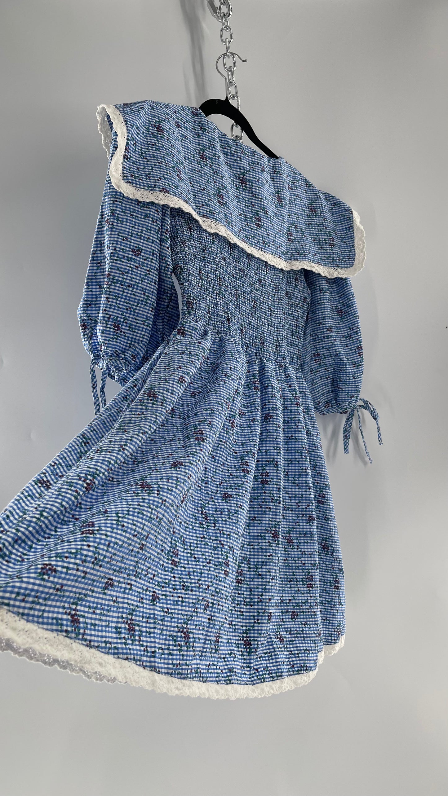 Urban Outfitters Blue Gingham Babydoll Dress with Lace Trim Collar and Smocked Bodice (Medium)