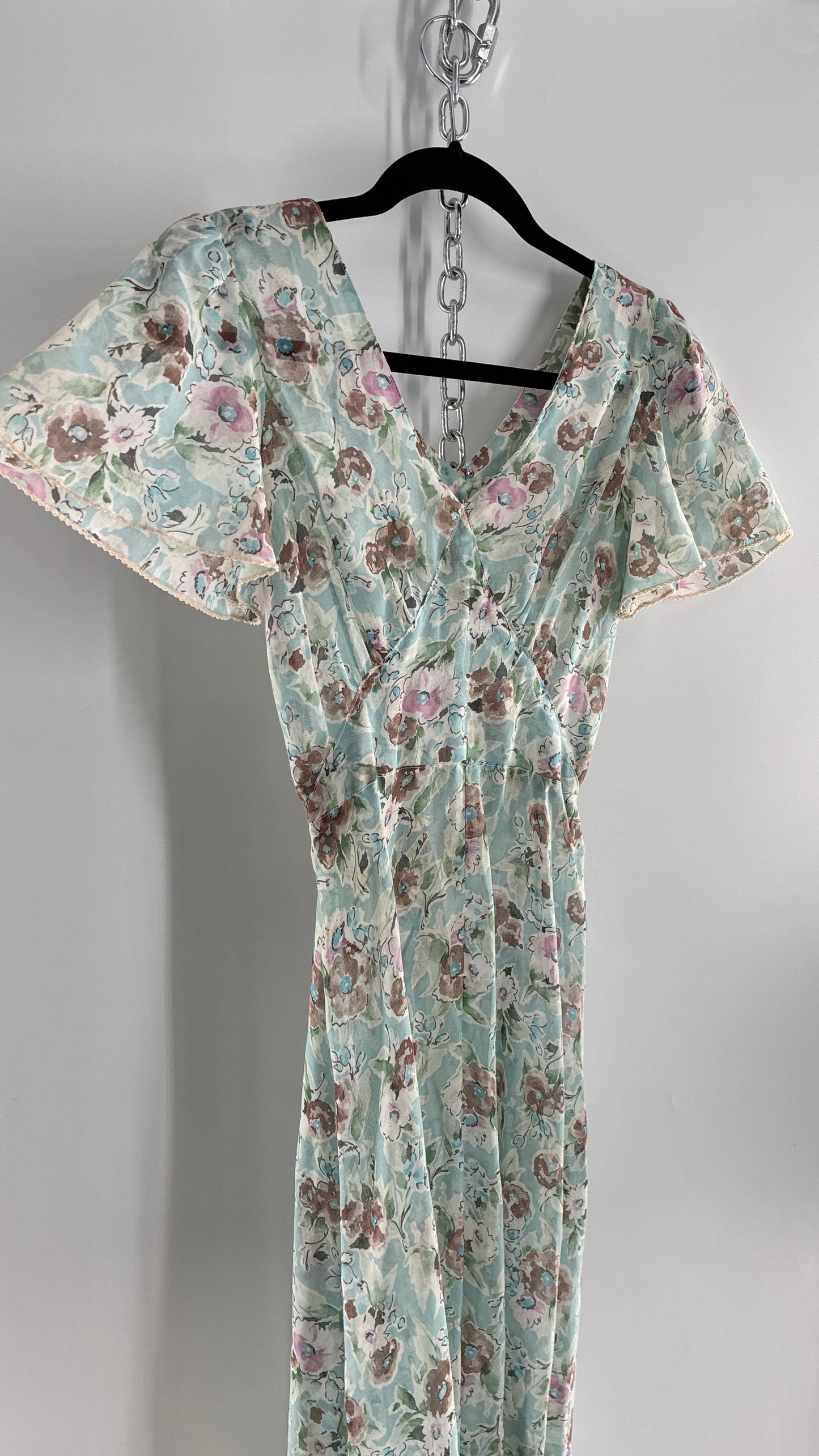 Handmade Vintage PLAIN JANE 1970s Voluminous Floral Gown with Bust Detail and Open Back (XS)